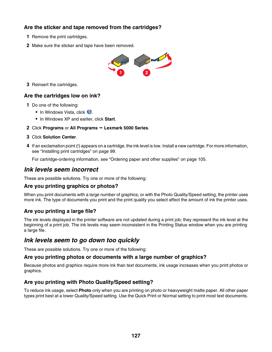 Ink levels seem incorrect, Ink levels seem to go down too quickly | Lexmark 5000 Series User Manual | Page 127 / 171