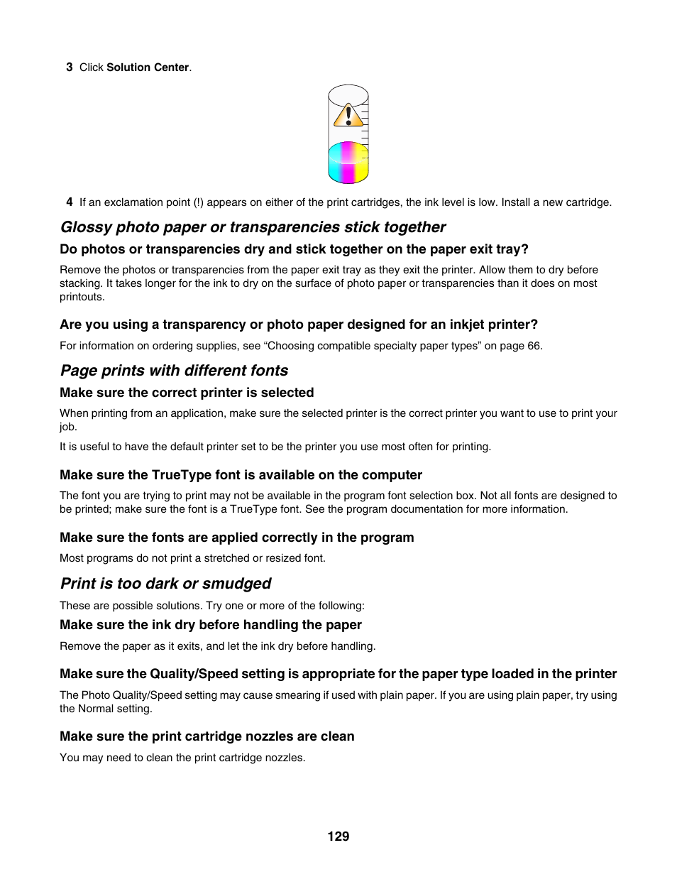 Print is too dark or smudged, Page prints with different fonts | Lexmark 5000 Series User Manual | Page 129 / 171