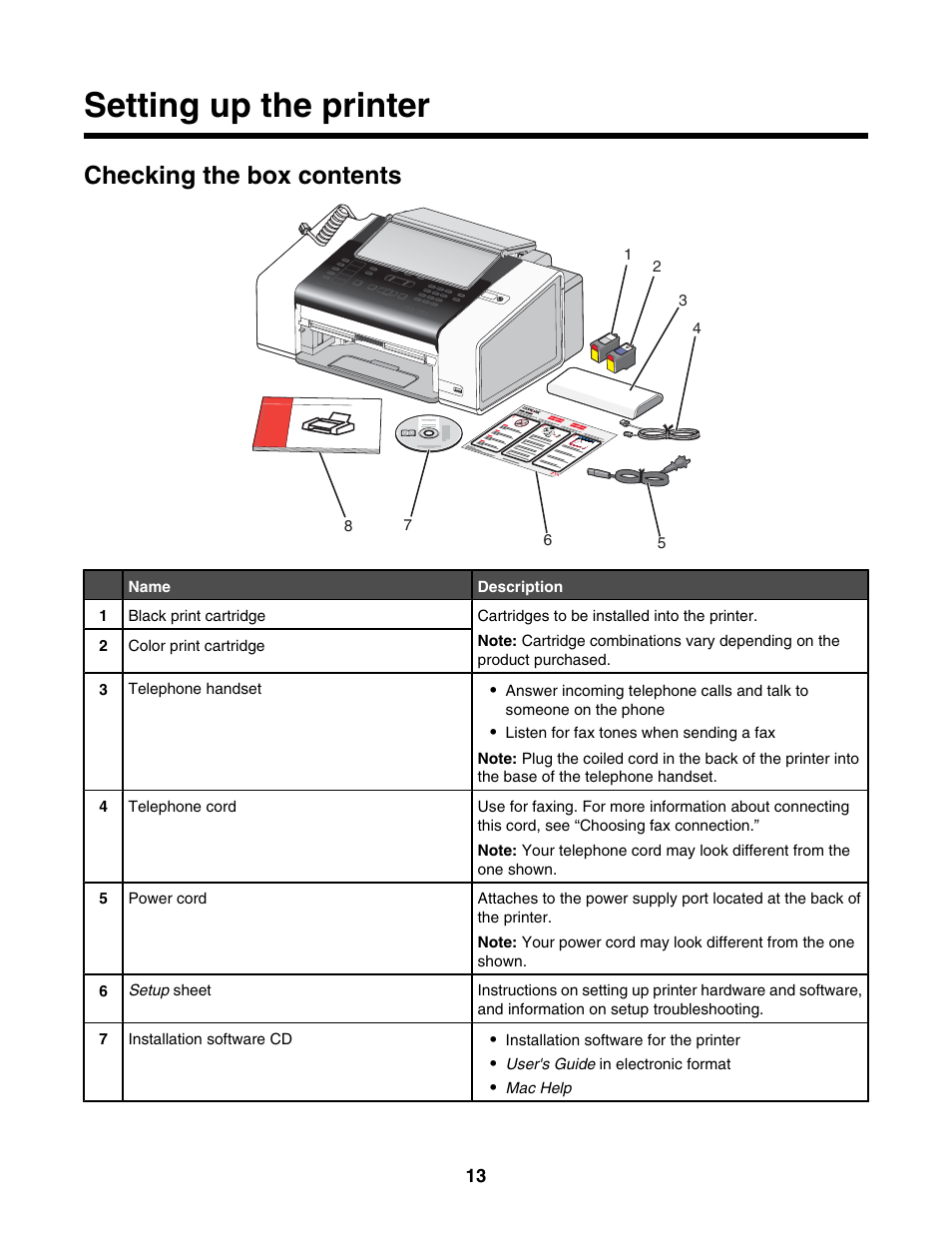 Setting up the printer, Checking the box contents | Lexmark 5000 Series User Manual | Page 13 / 171