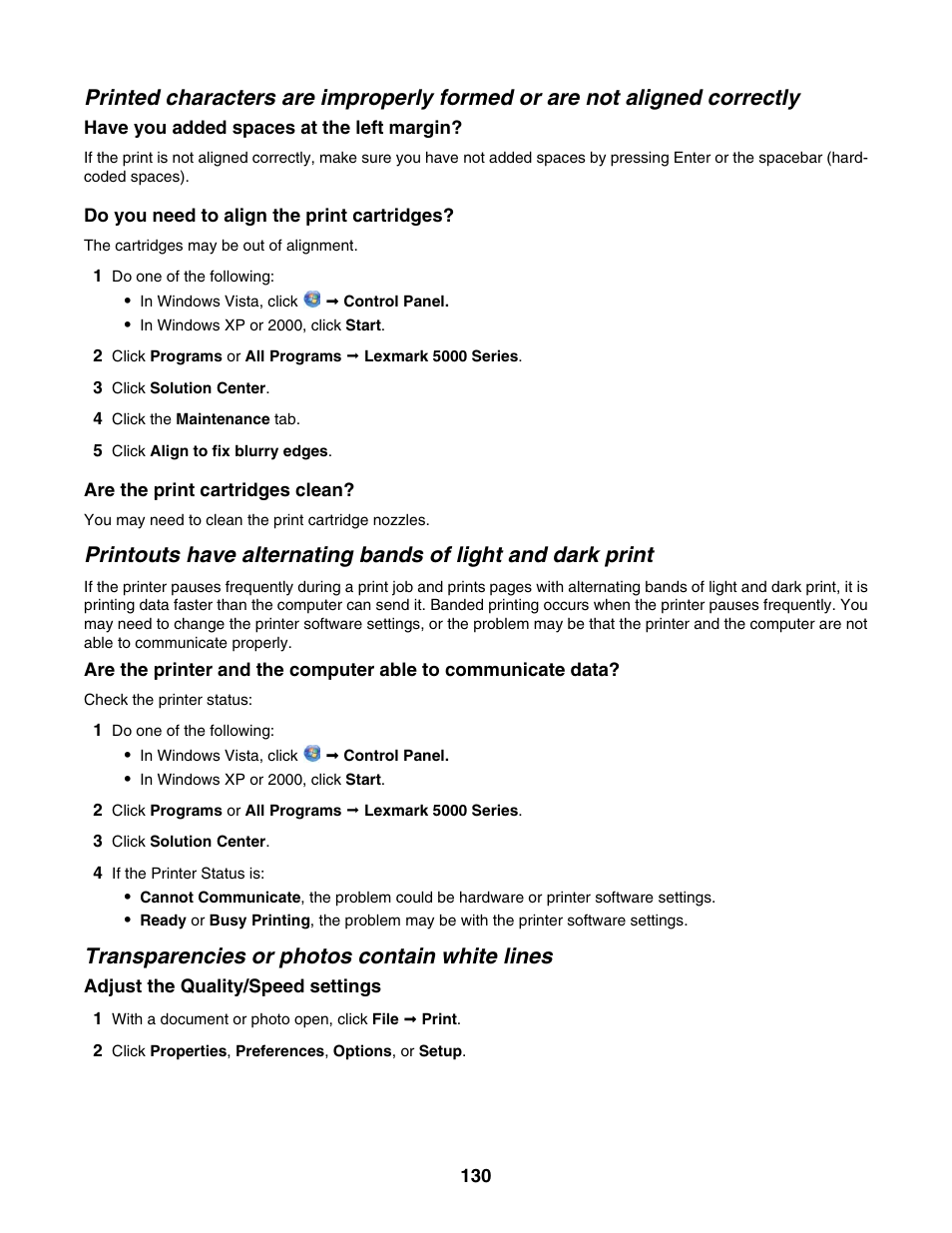 Transparencies or photos contain white lines | Lexmark 5000 Series User Manual | Page 130 / 171
