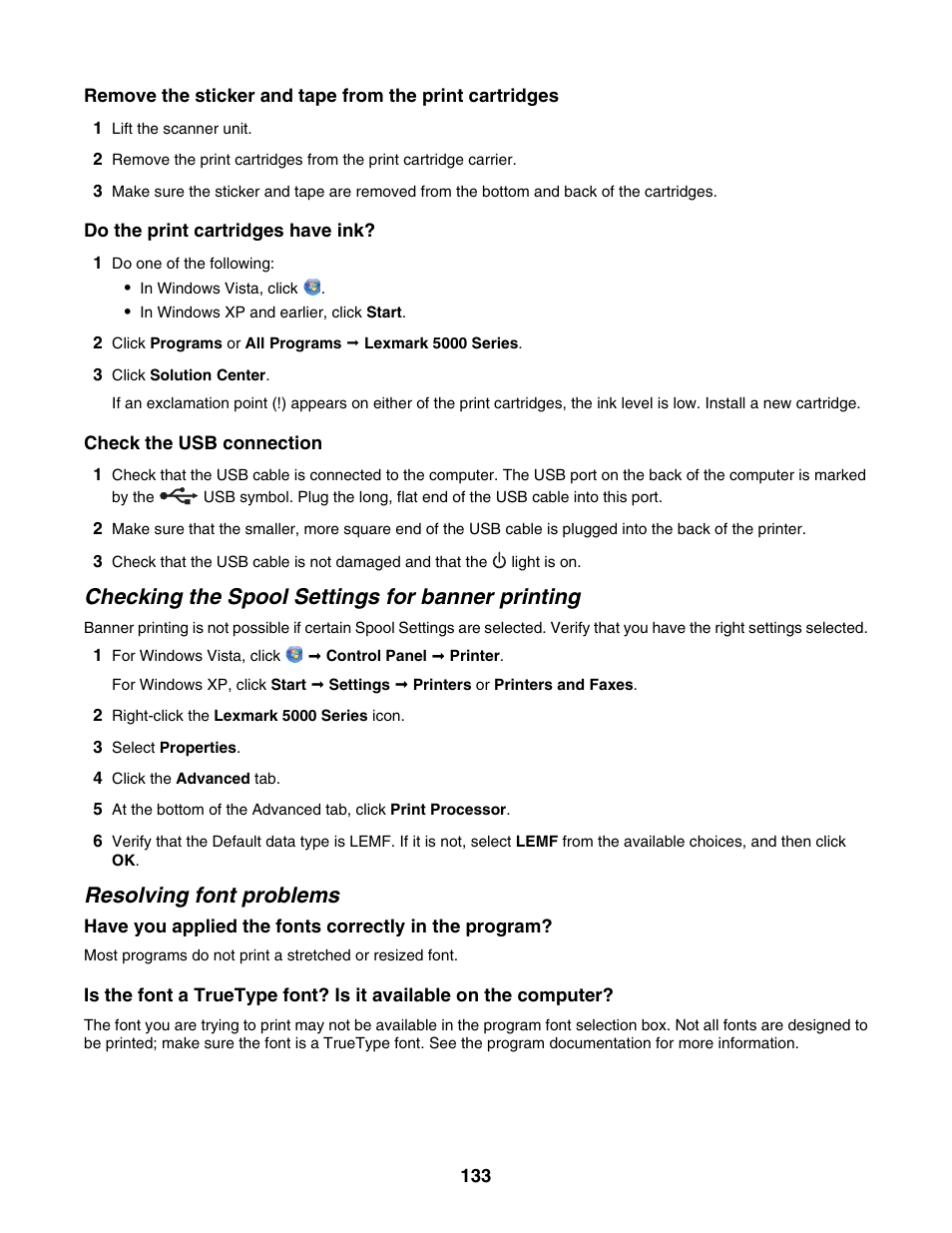 Checking the spool settings for banner printing, Resolving font problems | Lexmark 5000 Series User Manual | Page 133 / 171