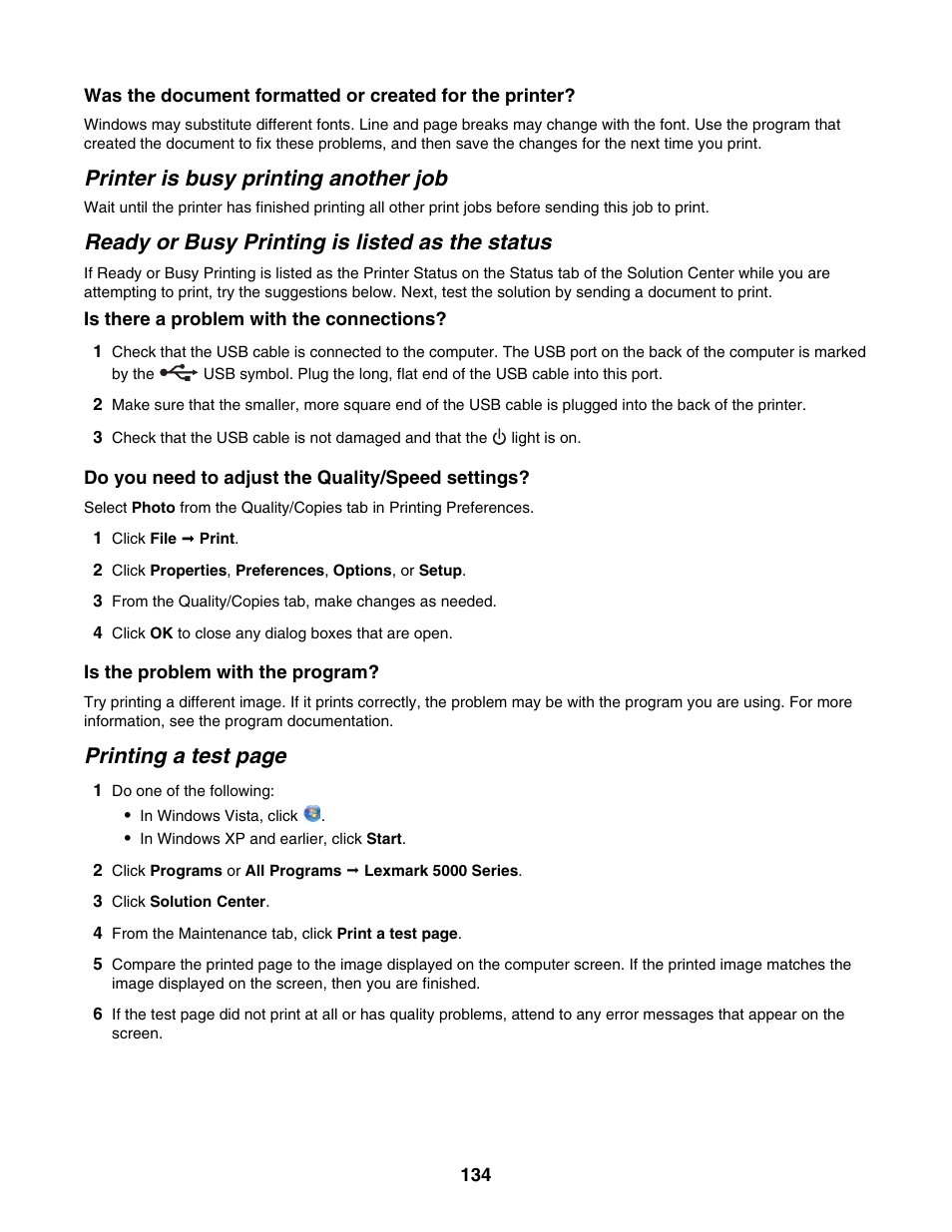 Printer is busy printing another job, Ready or busy printing is listed as the status, Printing a test page | Lexmark 5000 Series User Manual | Page 134 / 171