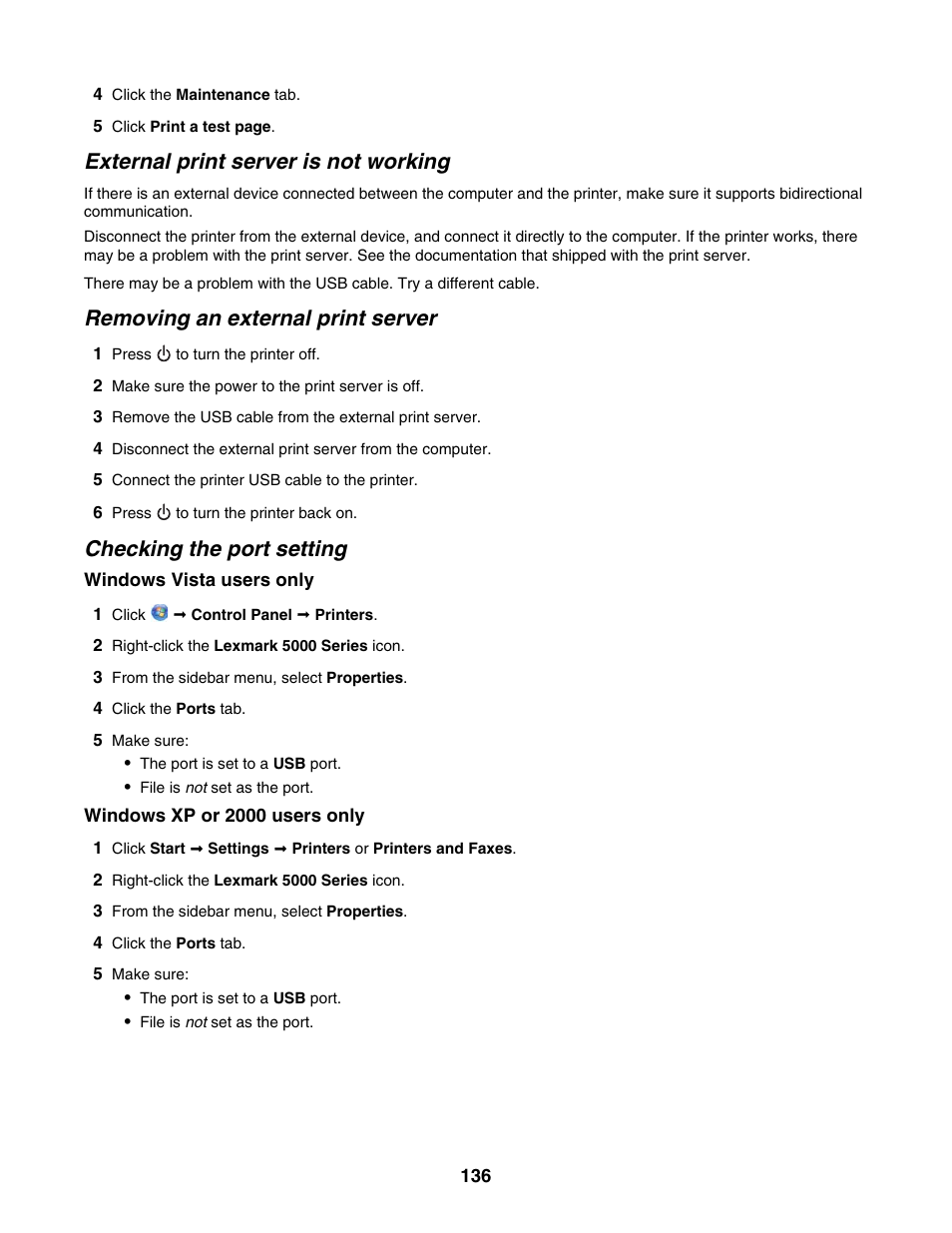 External print server is not working, Removing an external print server, Checking the port setting | Lexmark 5000 Series User Manual | Page 136 / 171