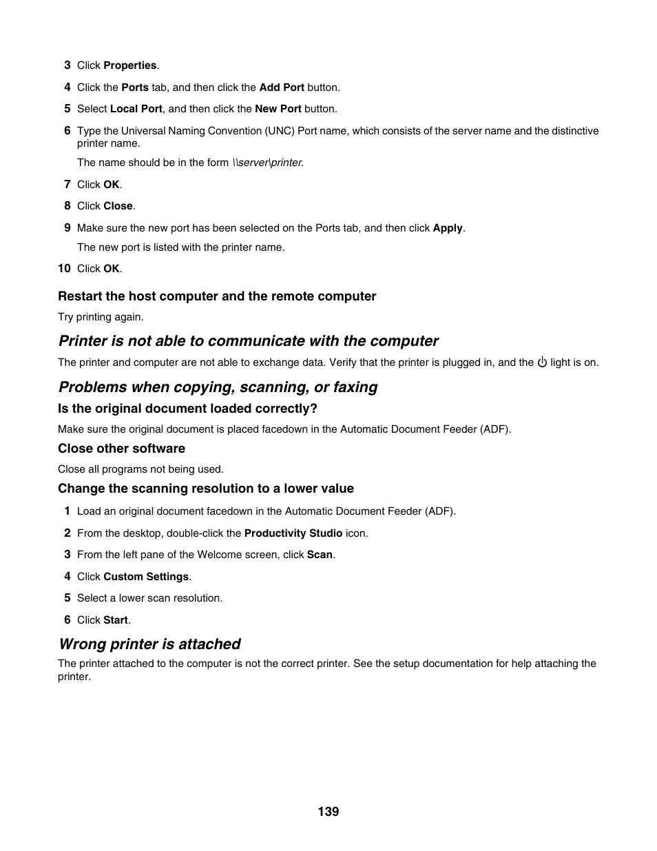 Problems when copying, scanning, or faxing, Wrong printer is attached | Lexmark 5000 Series User Manual | Page 139 / 171