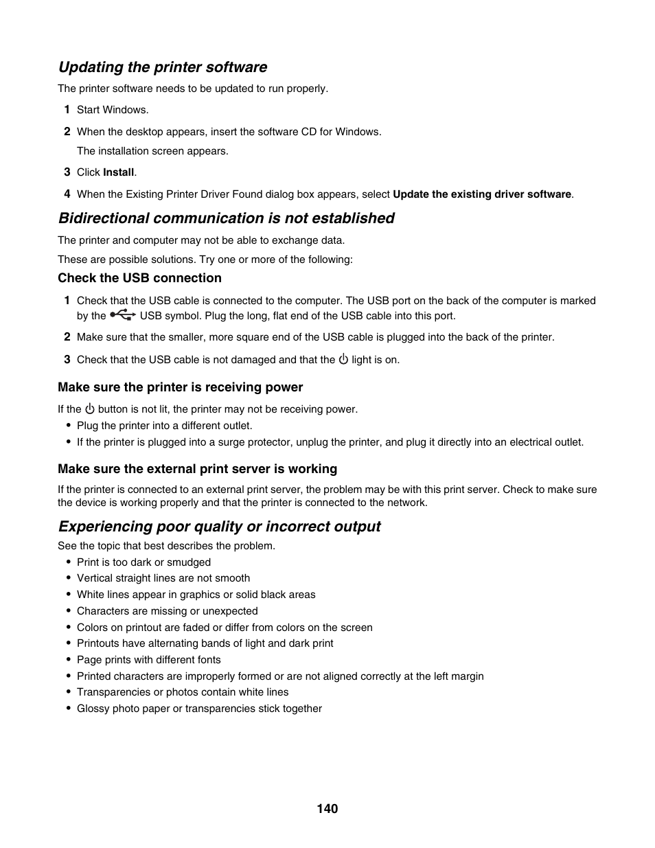 Updating the printer software, Bidirectional communication is not established, Experiencing poor quality or incorrect output | Lexmark 5000 Series User Manual | Page 140 / 171