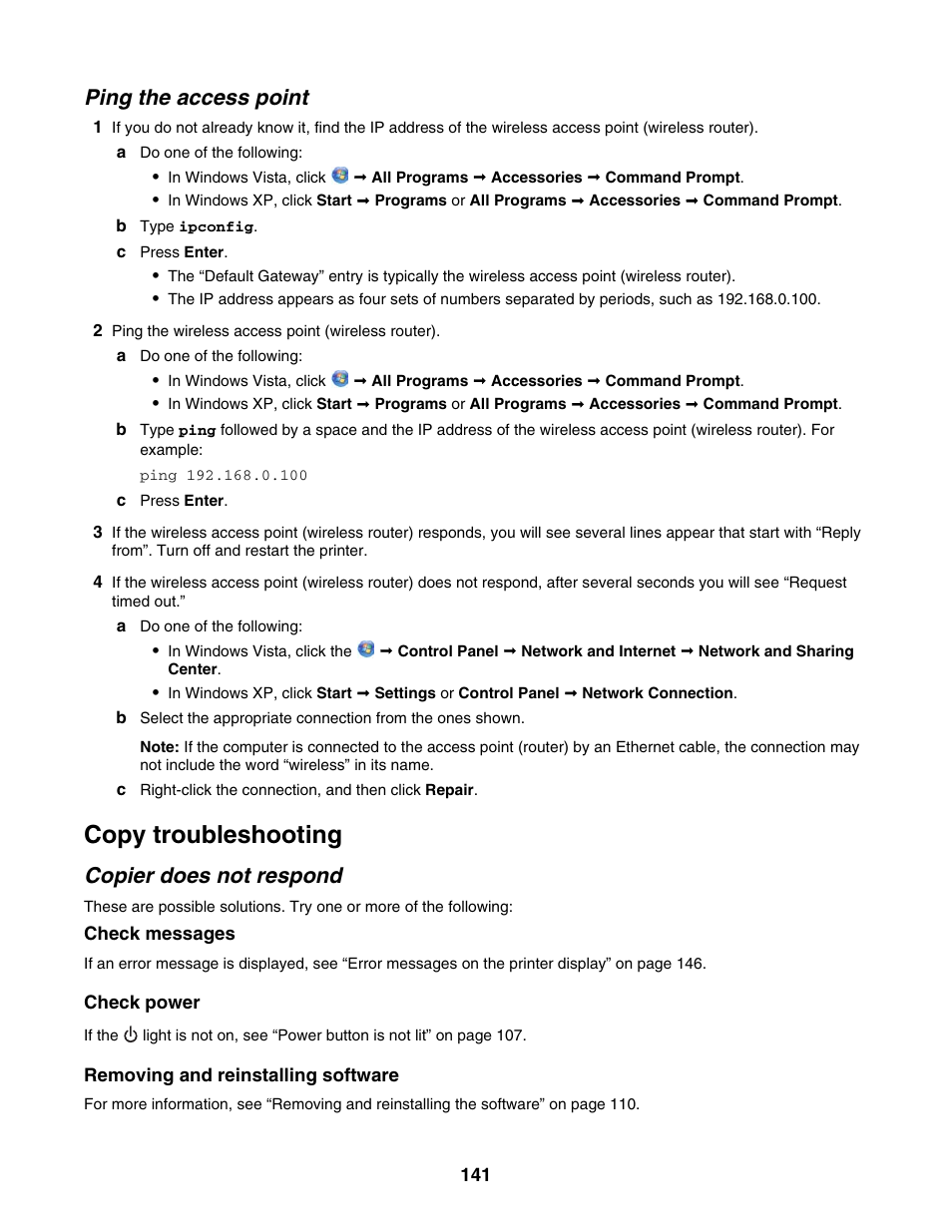 Ping the access point, Copy troubleshooting, Copier does not respond | Lexmark 5000 Series User Manual | Page 141 / 171