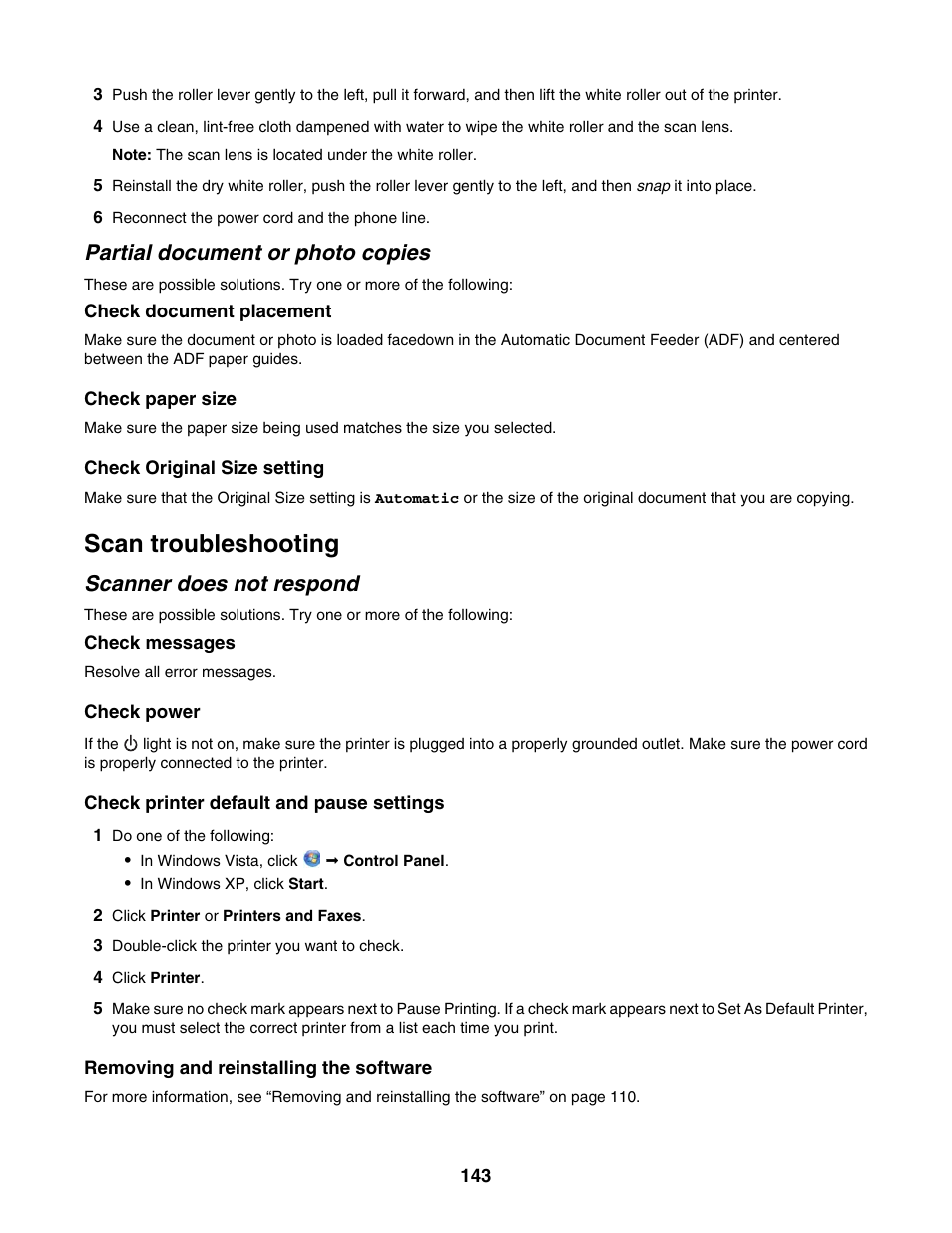 Partial document or photo copies, Scan troubleshooting, Scanner does not respond | Lexmark 5000 Series User Manual | Page 143 / 171