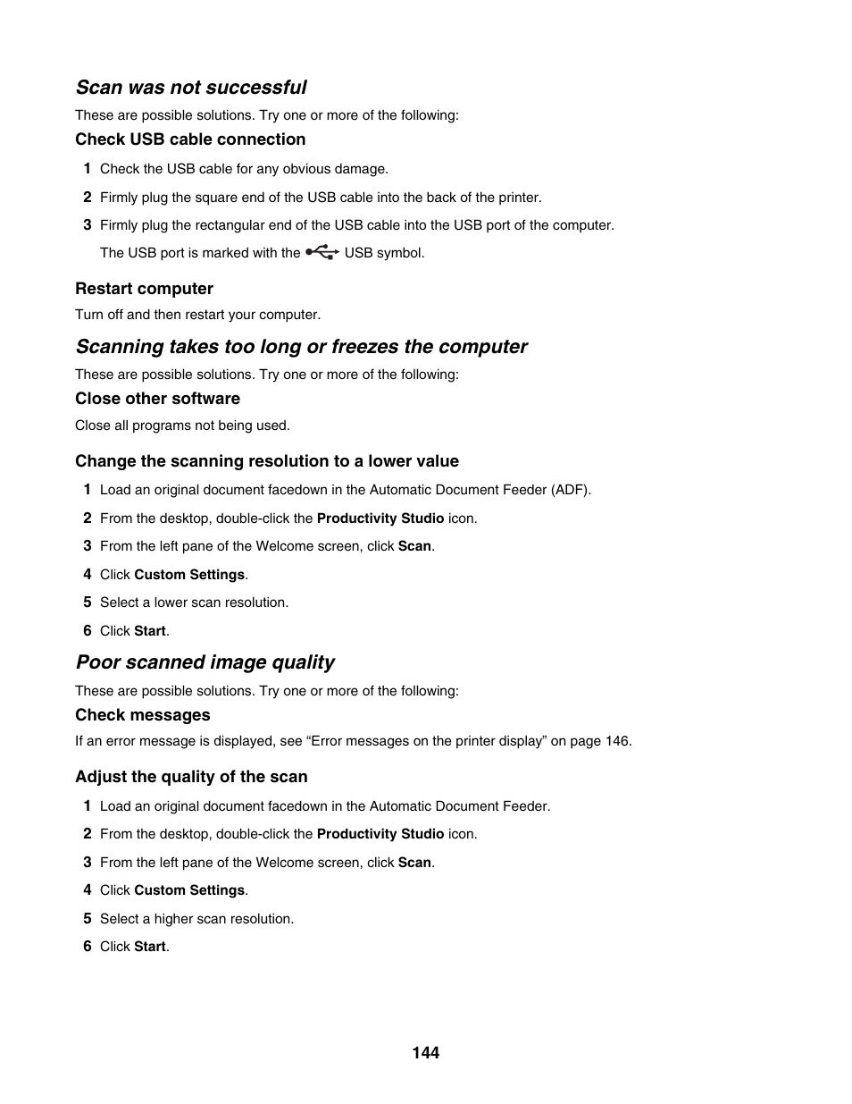 Scan was not successful, Scanning takes too long or freezes the computer, Poor scanned image quality | Lexmark 5000 Series User Manual | Page 144 / 171