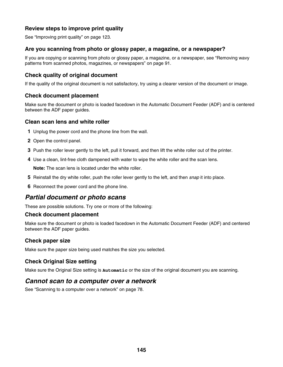 Partial document or photo scans, Cannot scan to a computer over a network | Lexmark 5000 Series User Manual | Page 145 / 171