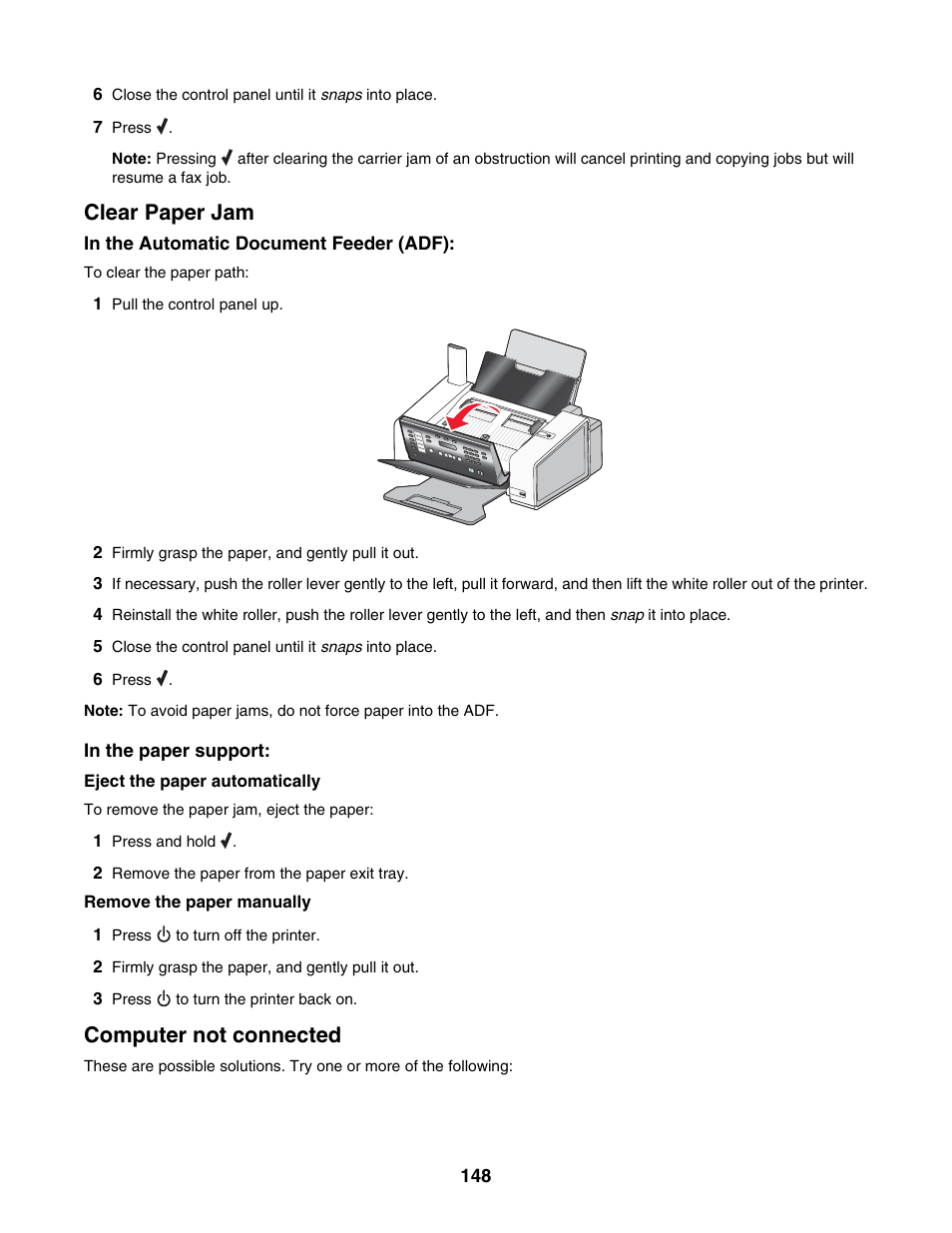 Clear paper jam, Computer not connected | Lexmark 5000 Series User Manual | Page 148 / 171