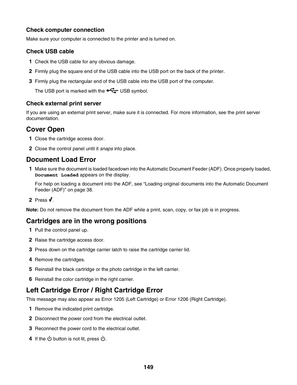 Cover open, Document load error, Cartridges are in the wrong positions | Left cartridge error / right cartridge error | Lexmark 5000 Series User Manual | Page 149 / 171