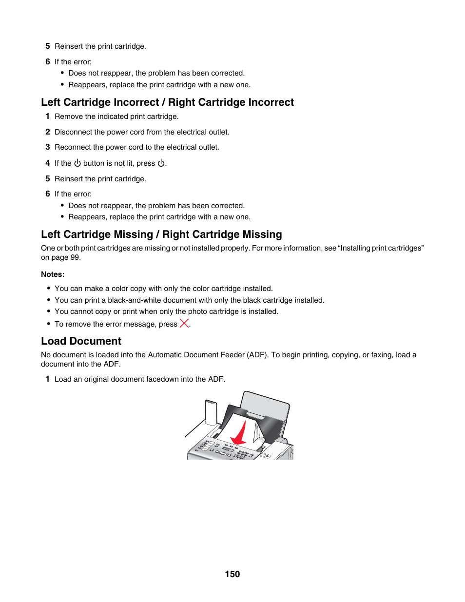 Left cartridge missing / right cartridge missing, Load document | Lexmark 5000 Series User Manual | Page 150 / 171