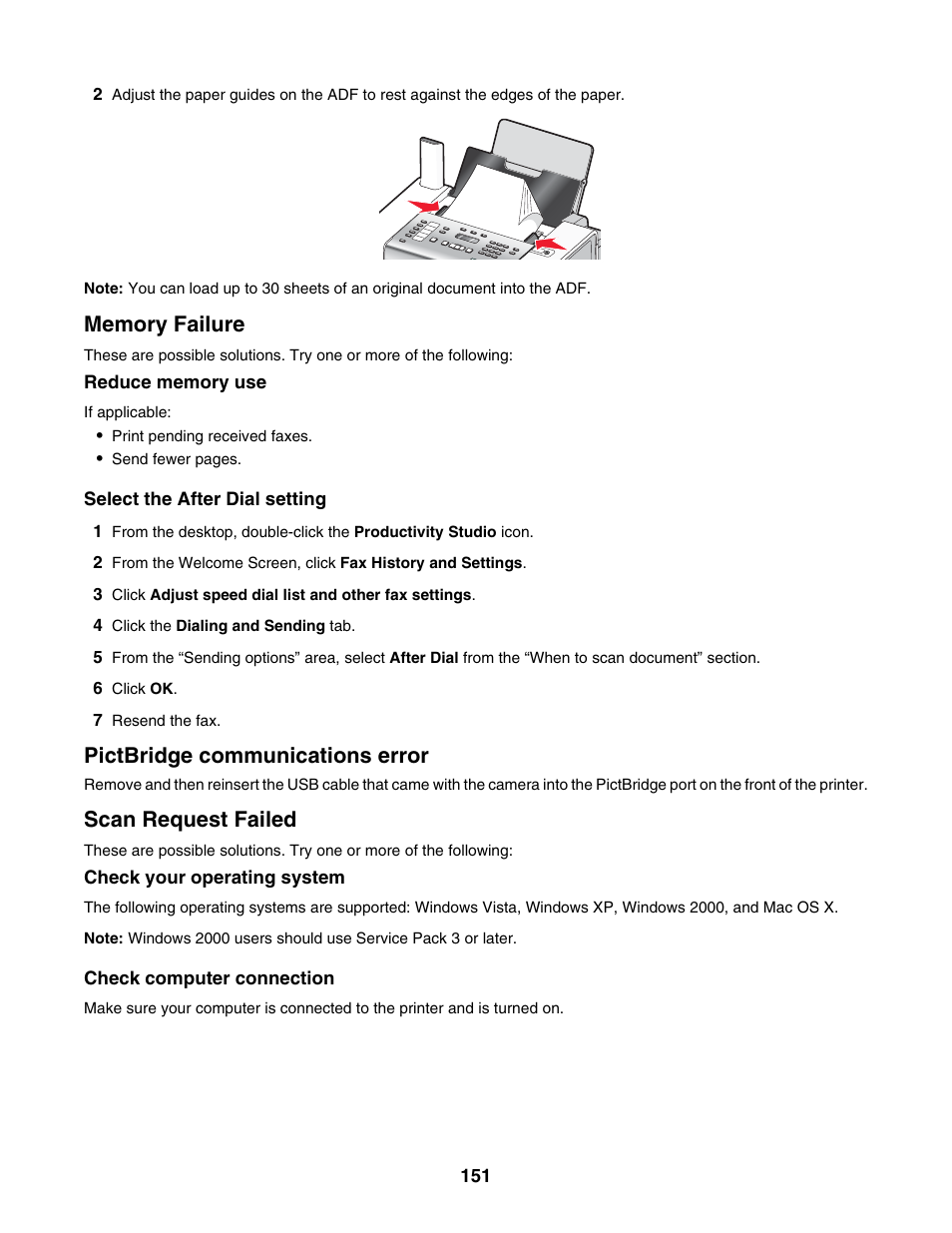 Memory failure, Pictbridge communications error, Scan request failed | Lexmark 5000 Series User Manual | Page 151 / 171