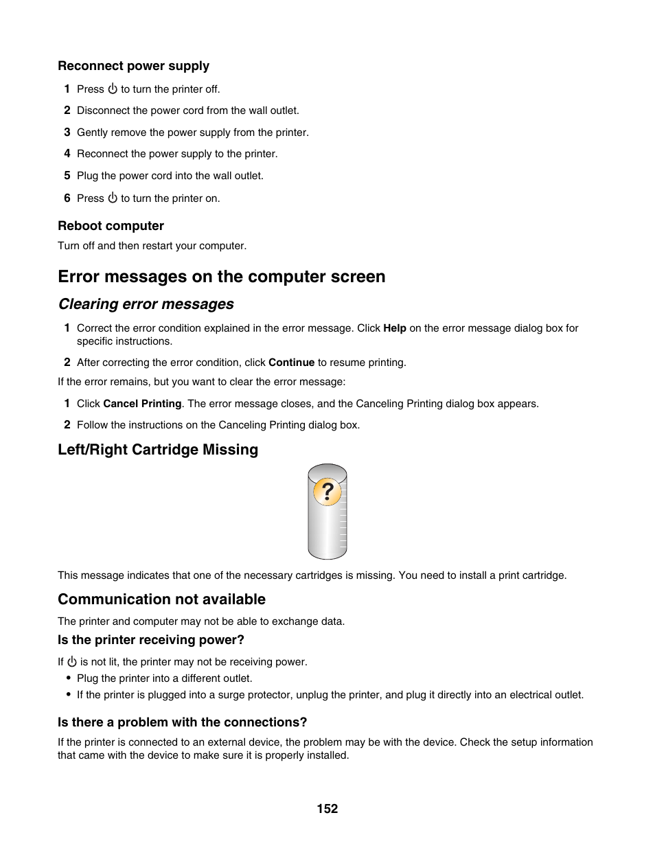 Error messages on the computer screen, Clearing error messages, Left/right cartridge missing | Communication not available | Lexmark 5000 Series User Manual | Page 152 / 171