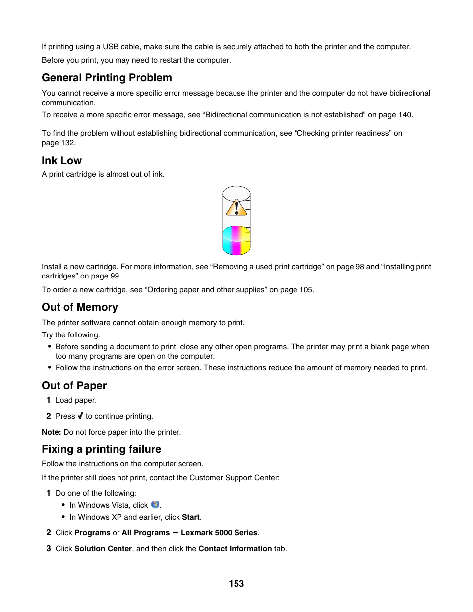 General printing problem, Ink low, Out of memory | Out of paper, Fixing a printing failure | Lexmark 5000 Series User Manual | Page 153 / 171