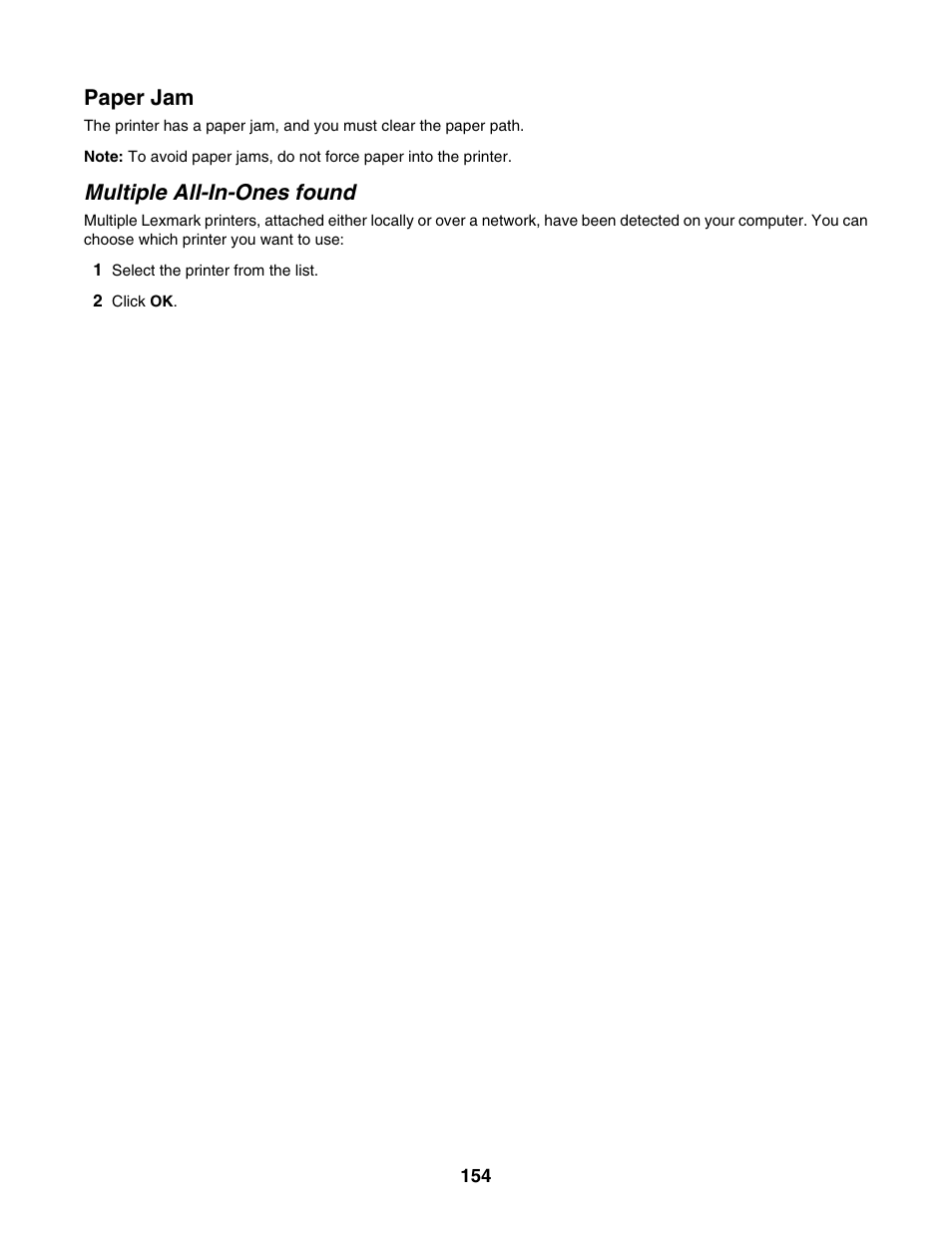 Paper jam, Multiple all-in-ones found | Lexmark 5000 Series User Manual | Page 154 / 171