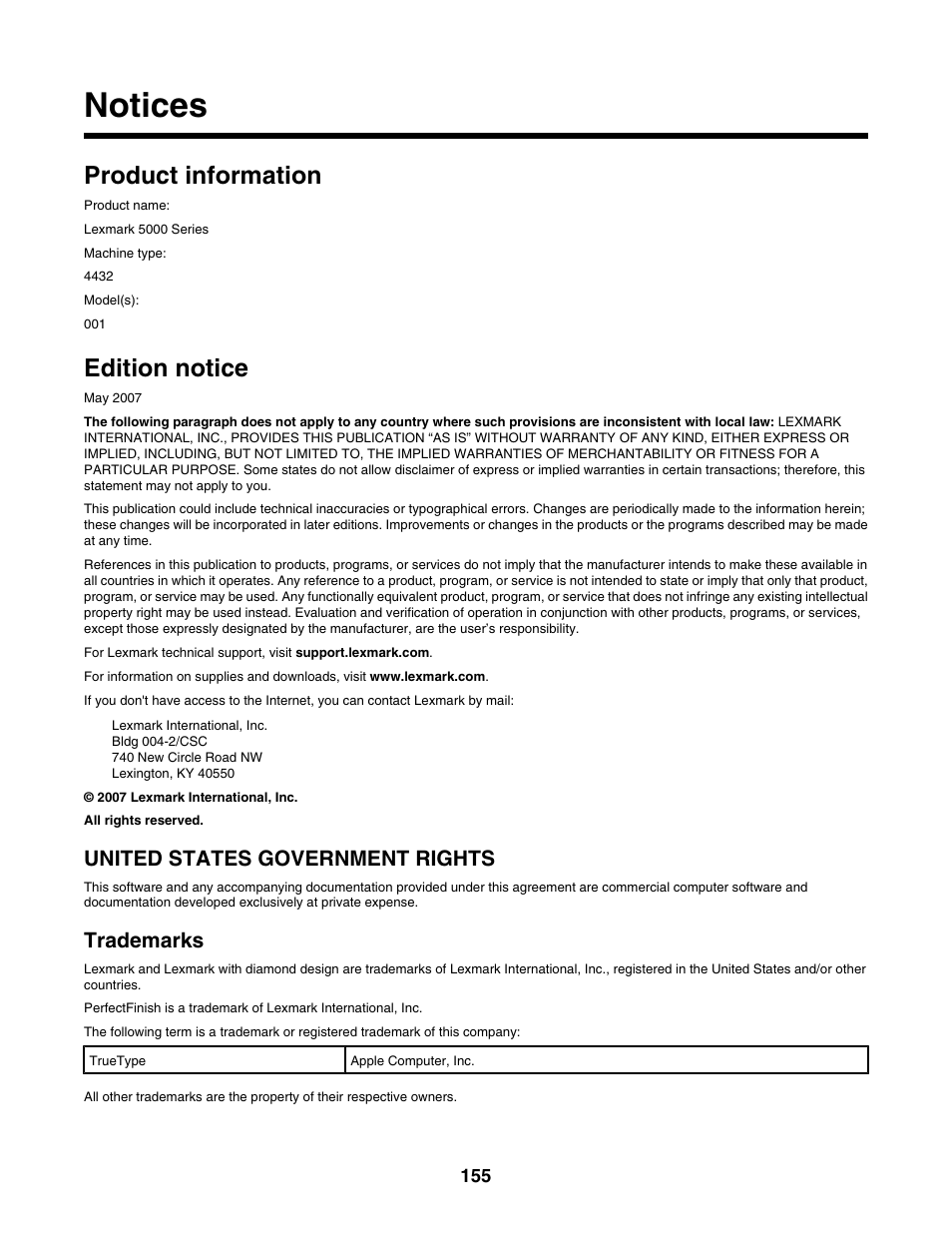 Notices, Product information, Edition notice | United states government rights, Trademarks | Lexmark 5000 Series User Manual | Page 155 / 171