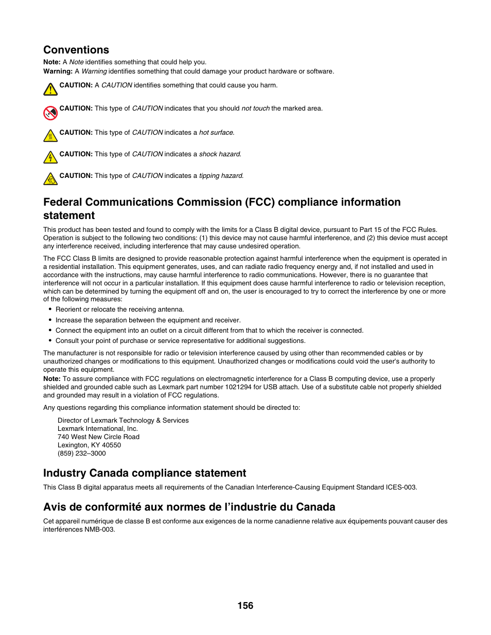 Conventions, Industry canada compliance statement | Lexmark 5000 Series User Manual | Page 156 / 171