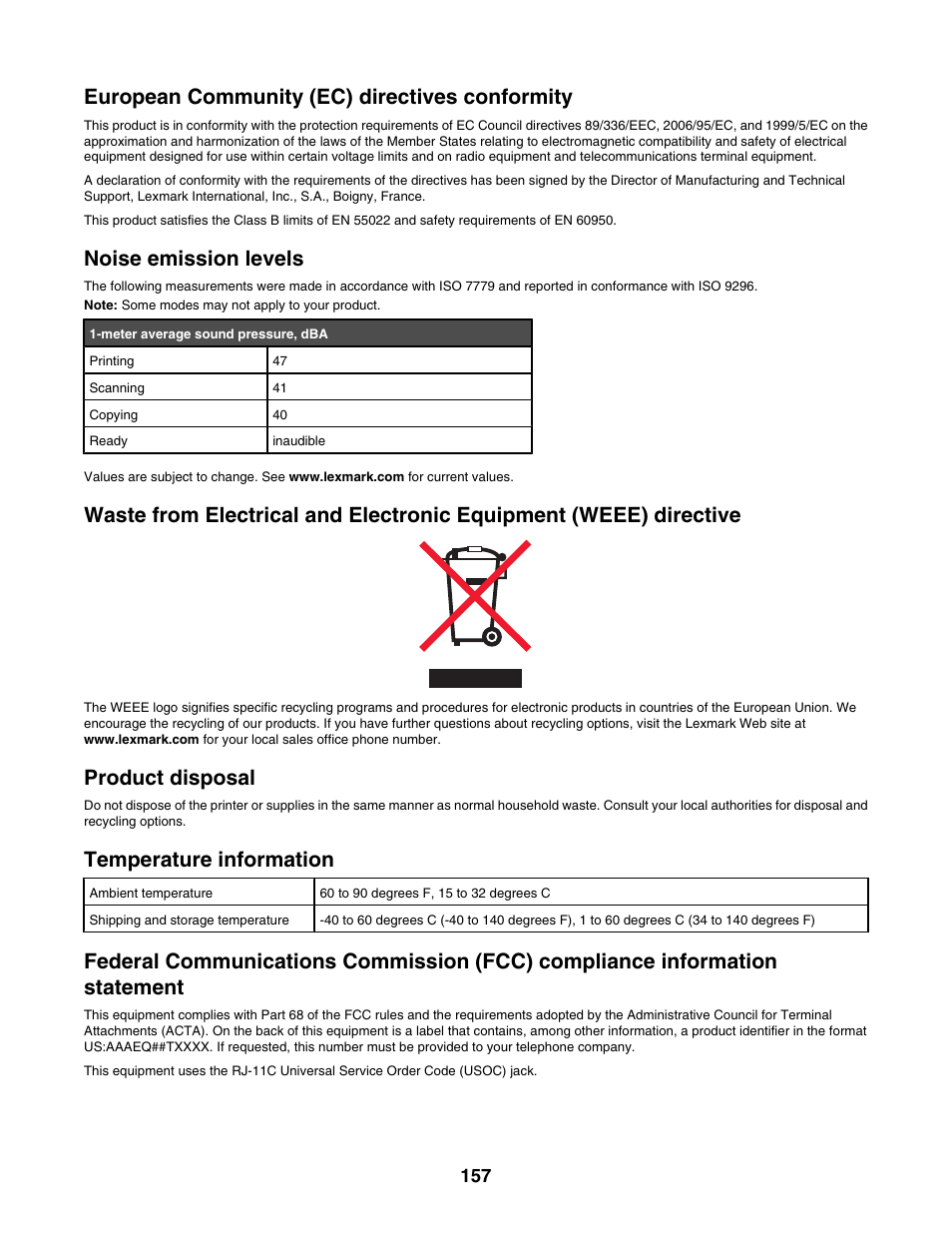European community (ec) directives conformity, Noise emission levels, Product disposal | Temperature information | Lexmark 5000 Series User Manual | Page 157 / 171