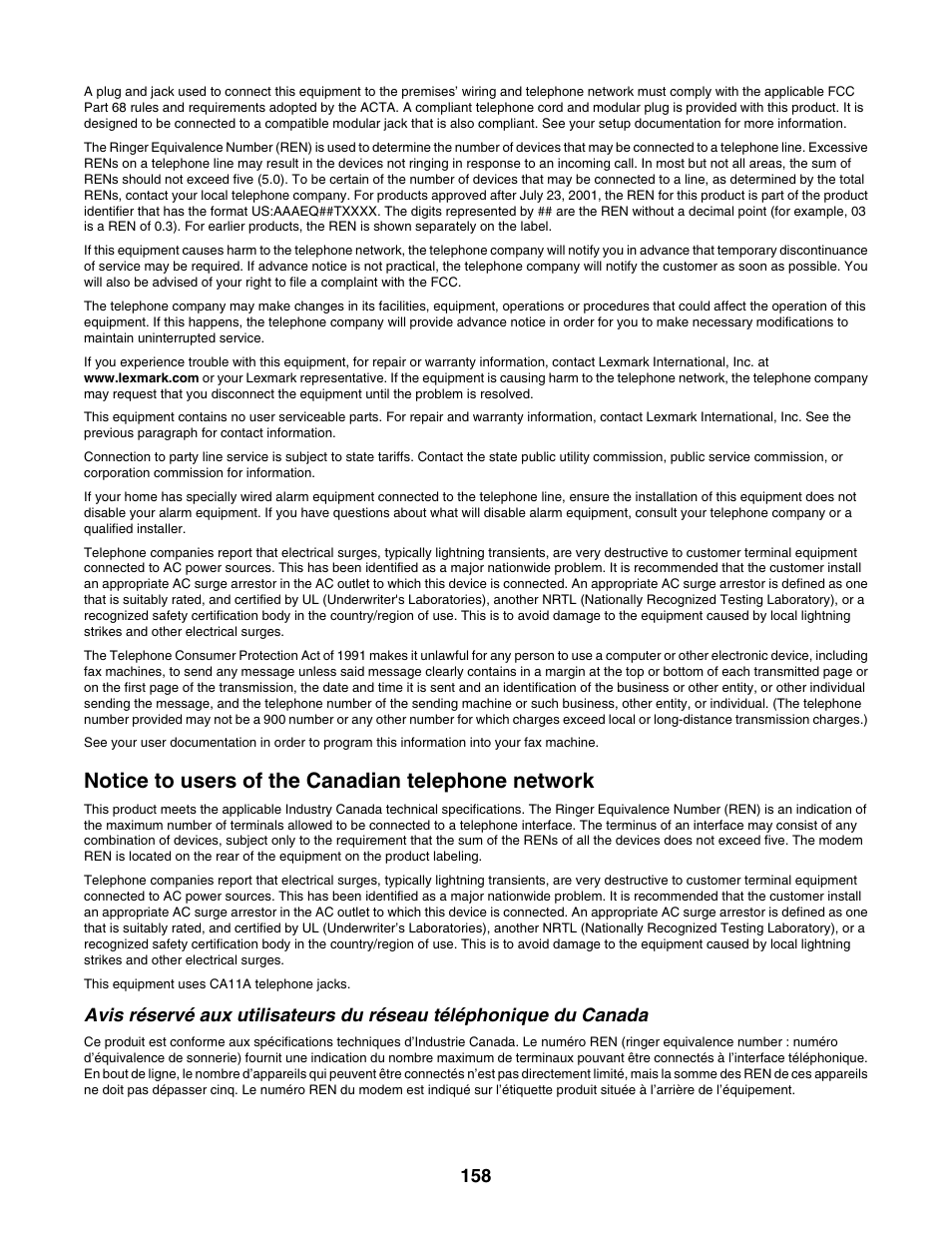 Notice to users of the canadian telephone network | Lexmark 5000 Series User Manual | Page 158 / 171