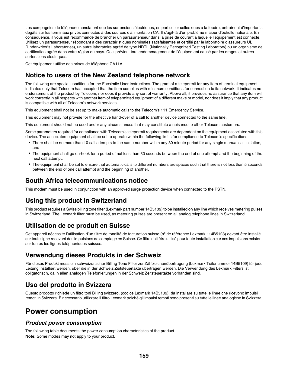 South africa telecommunications notice, Power consumption, Product power consumption | Using this product in switzerland, Utilisation de ce produit en suisse, Verwendung dieses produkts in der schweiz, Uso del prodotto in svizzera | Lexmark 5000 Series User Manual | Page 159 / 171