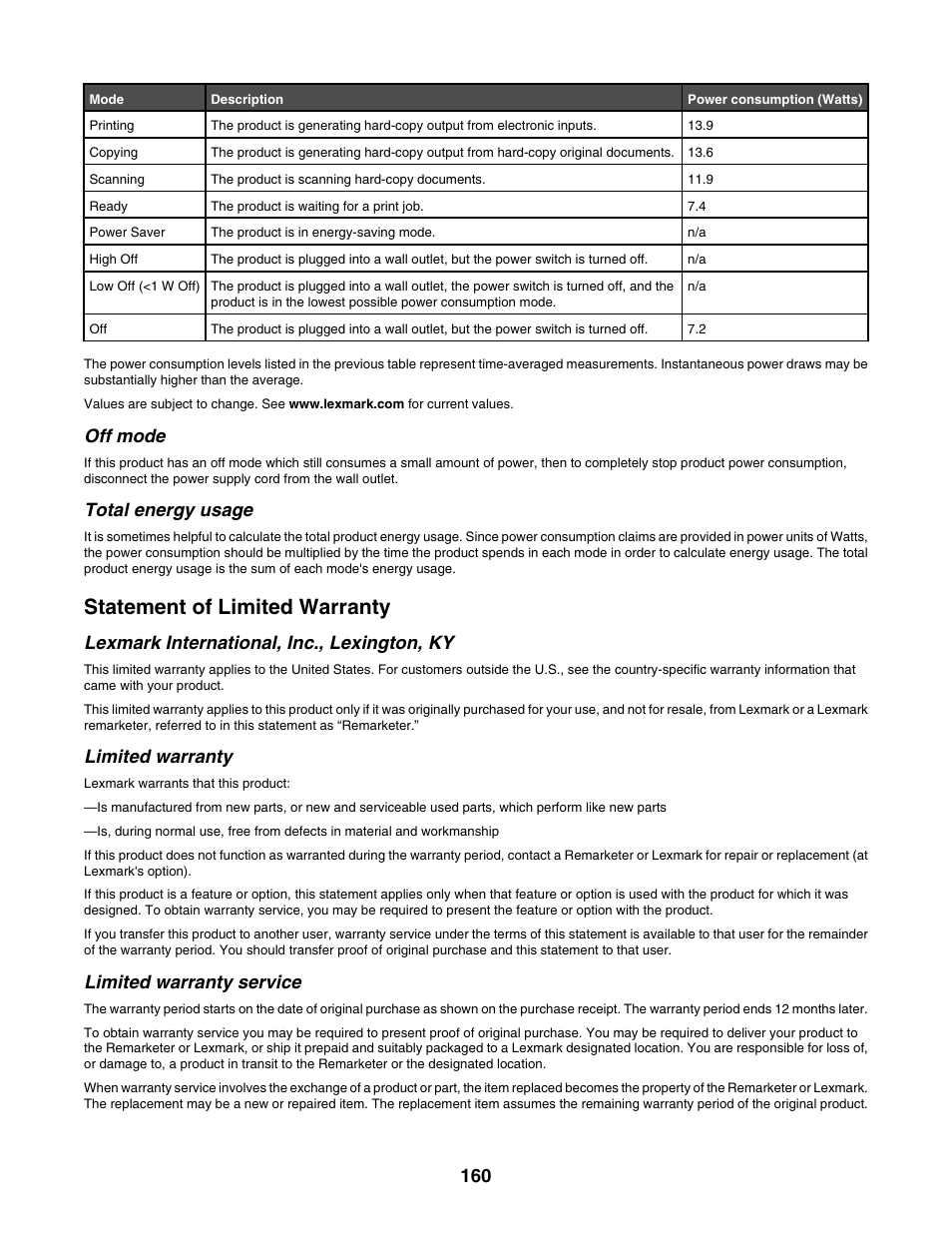 Off mode, Total energy usage, Statement of limited warranty | Lexmark international, inc., lexington, ky, Limited warranty, Limited warranty service | Lexmark 5000 Series User Manual | Page 160 / 171