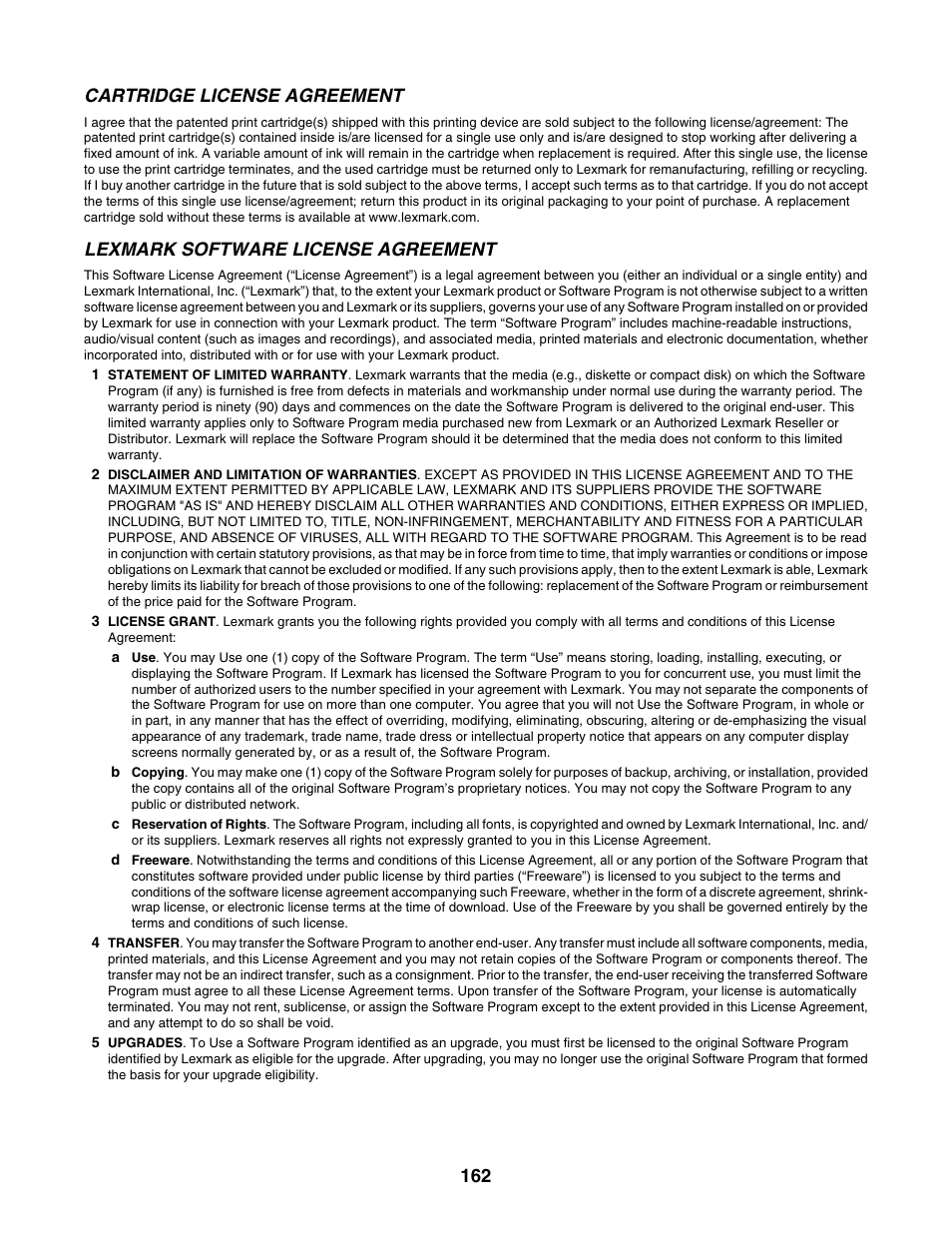 Cartridge license agreement, Lexmark software license agreement | Lexmark 5000 Series User Manual | Page 162 / 171