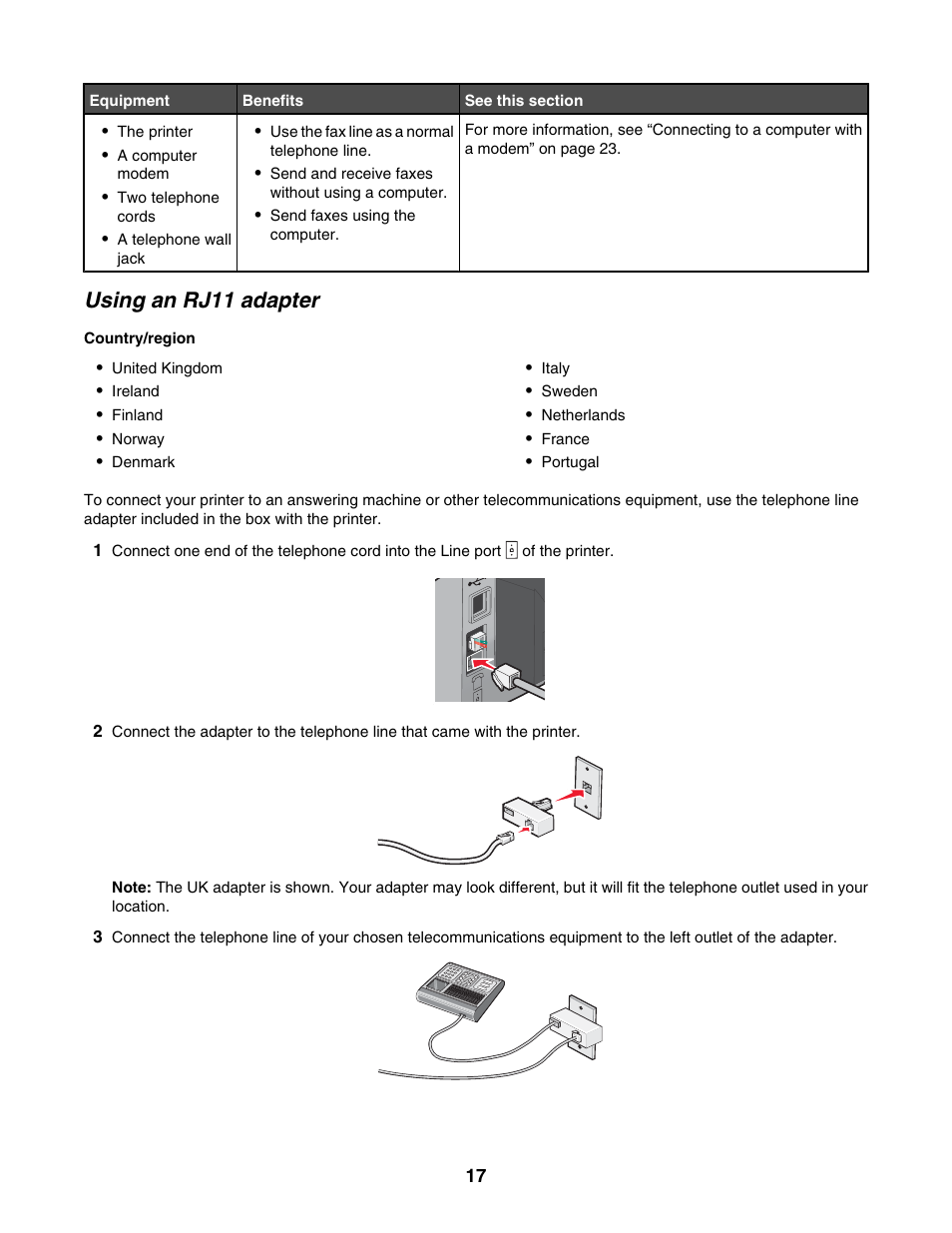 Using an rj11 adapter | Lexmark 5000 Series User Manual | Page 17 / 171