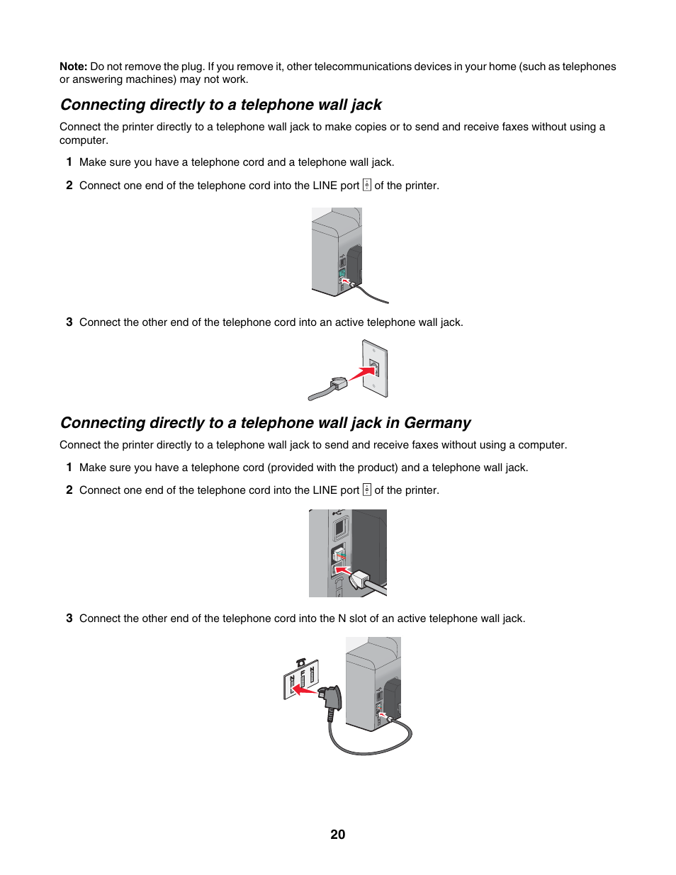 Connecting directly to a telephone wall jack | Lexmark 5000 Series User Manual | Page 20 / 171