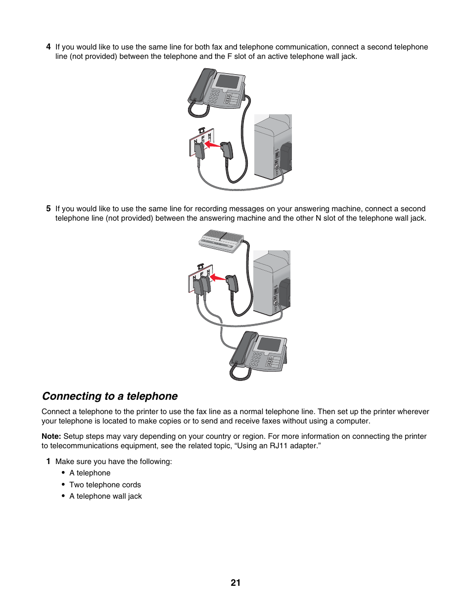 Connecting to a telephone | Lexmark 5000 Series User Manual | Page 21 / 171