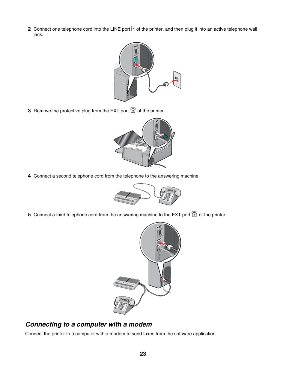Connecting to a computer with a modem | Lexmark 5000 Series User Manual | Page 23 / 171
