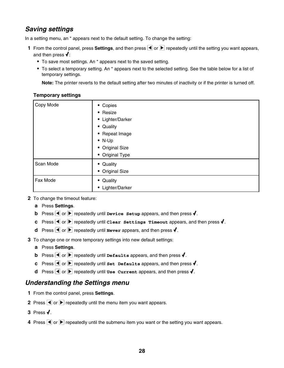 Saving settings, Understanding the settings menu | Lexmark 5000 Series User Manual | Page 28 / 171