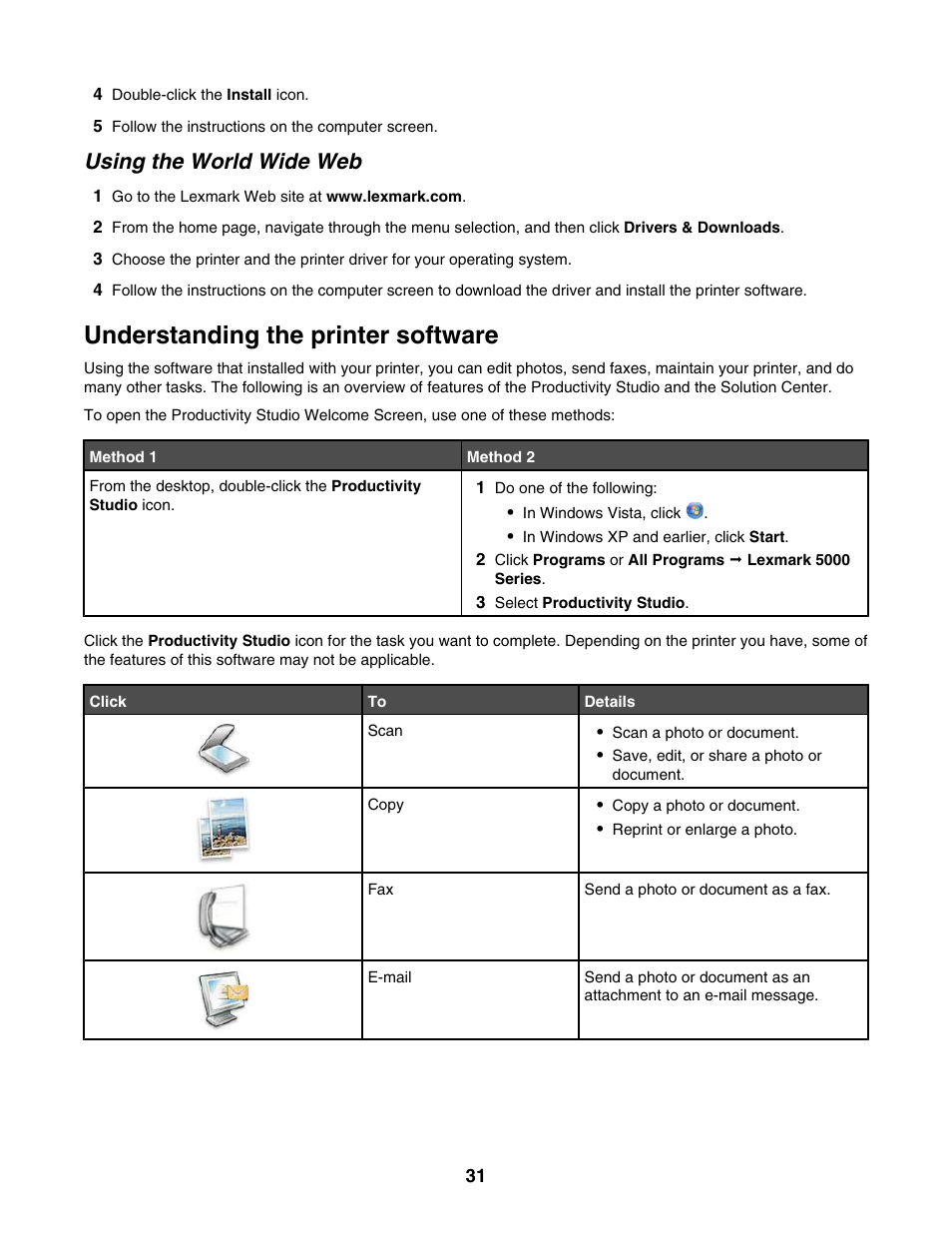 Understanding the printer software, Using the world wide web | Lexmark 5000 Series User Manual | Page 31 / 171