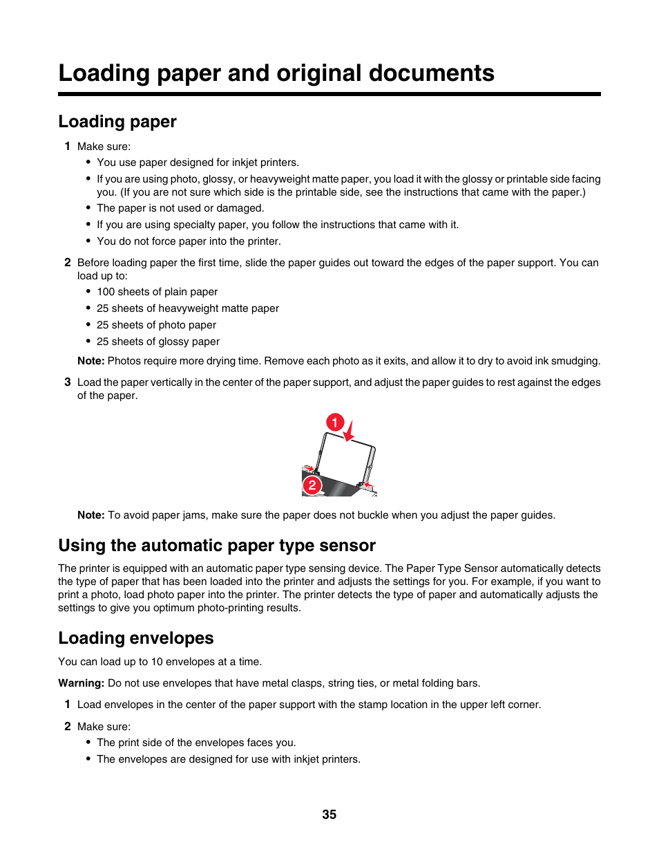 Loading paper and original documents, Loading paper, Using the automatic paper type sensor | Loading envelopes | Lexmark 5000 Series User Manual | Page 35 / 171
