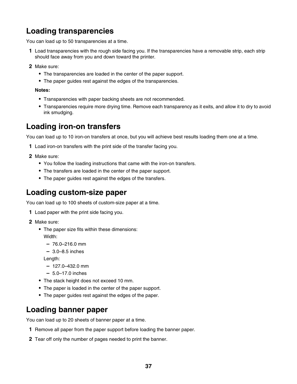 Loading transparencies, Loading iron-on transfers, Loading custom-size paper | Loading banner paper | Lexmark 5000 Series User Manual | Page 37 / 171