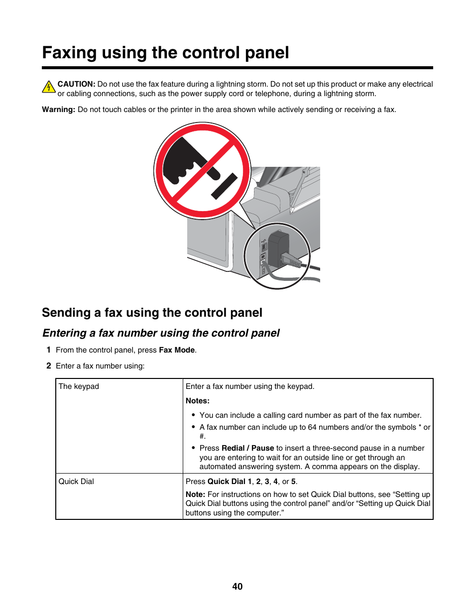 Faxing using the control panel, Sending a fax using the control panel, Entering a fax number using the control panel | Lexmark 5000 Series User Manual | Page 40 / 171