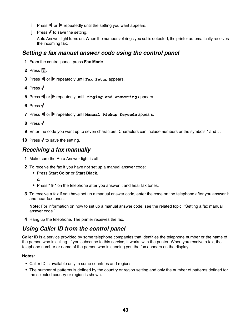 Receiving a fax manually, Using caller id from the control panel | Lexmark 5000 Series User Manual | Page 43 / 171
