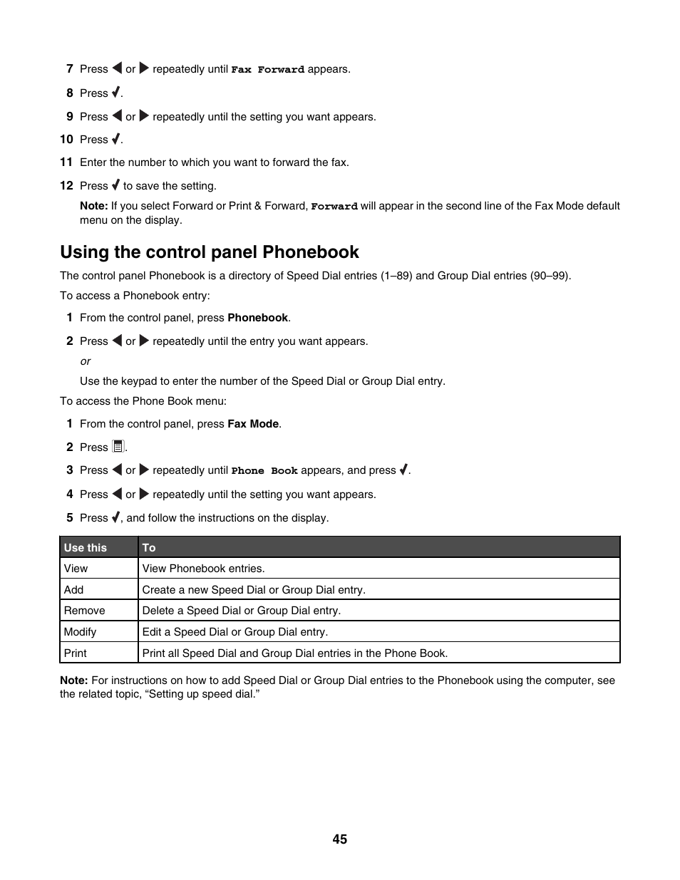 Using the control panel phonebook | Lexmark 5000 Series User Manual | Page 45 / 171