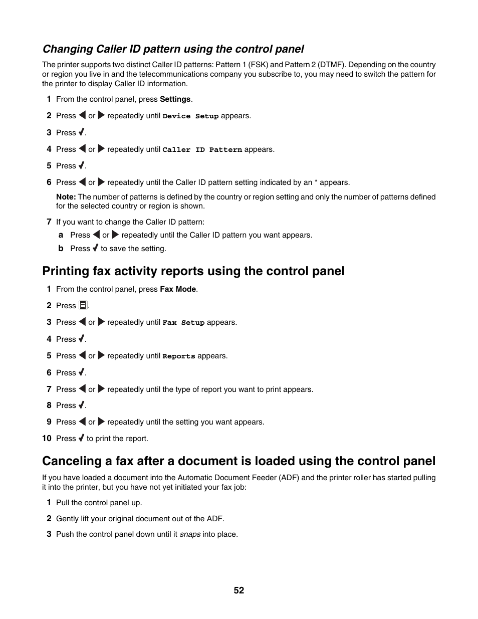 Changing caller id pattern using the control panel | Lexmark 5000 Series User Manual | Page 52 / 171