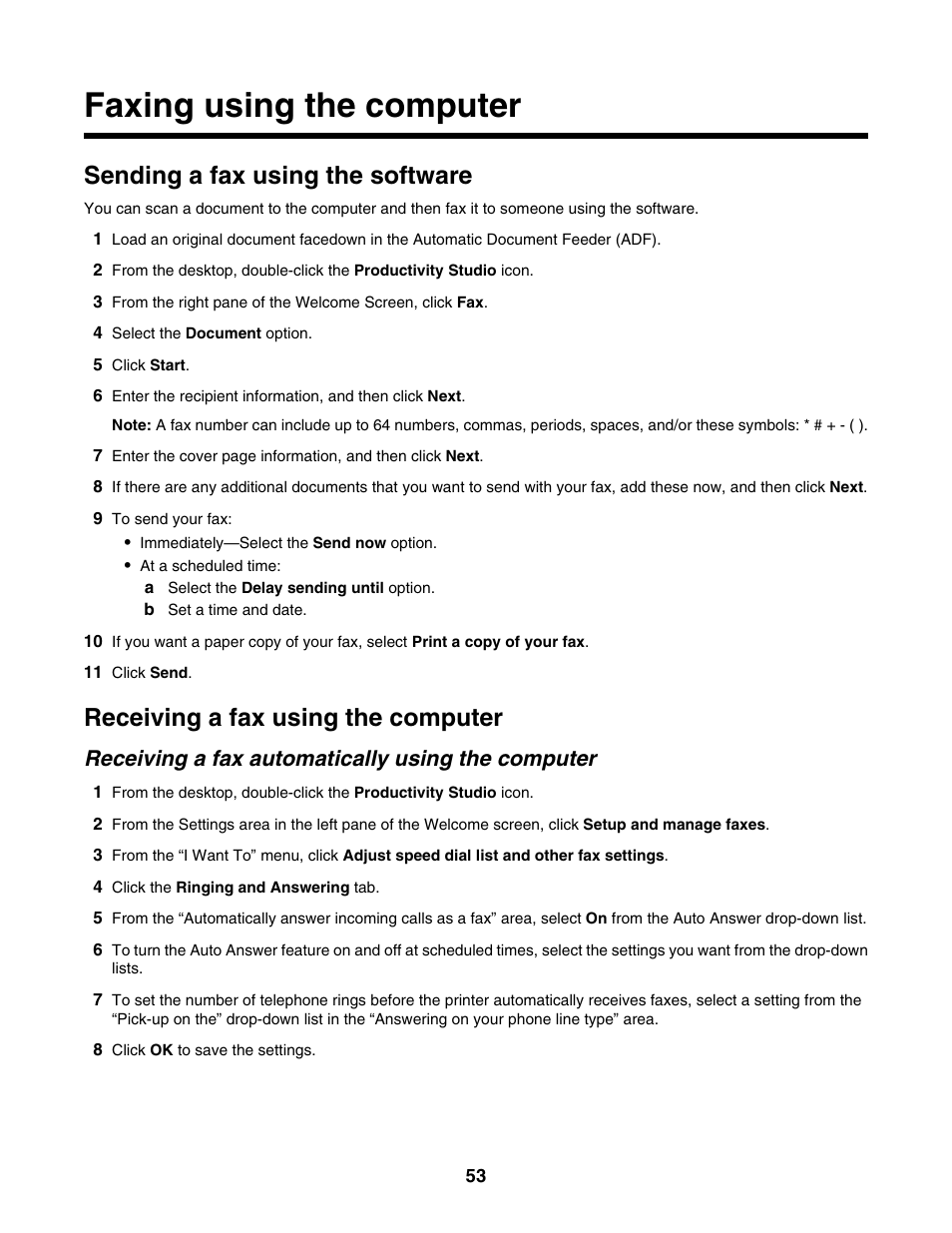 Faxing using the computer, Sending a fax using the software, Receiving a fax using the computer | Receiving a fax automatically using the computer | Lexmark 5000 Series User Manual | Page 53 / 171