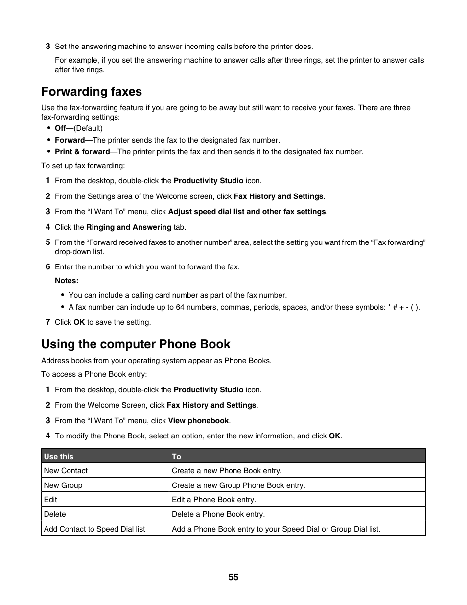 Forwarding faxes, Using the computer phone book | Lexmark 5000 Series User Manual | Page 55 / 171