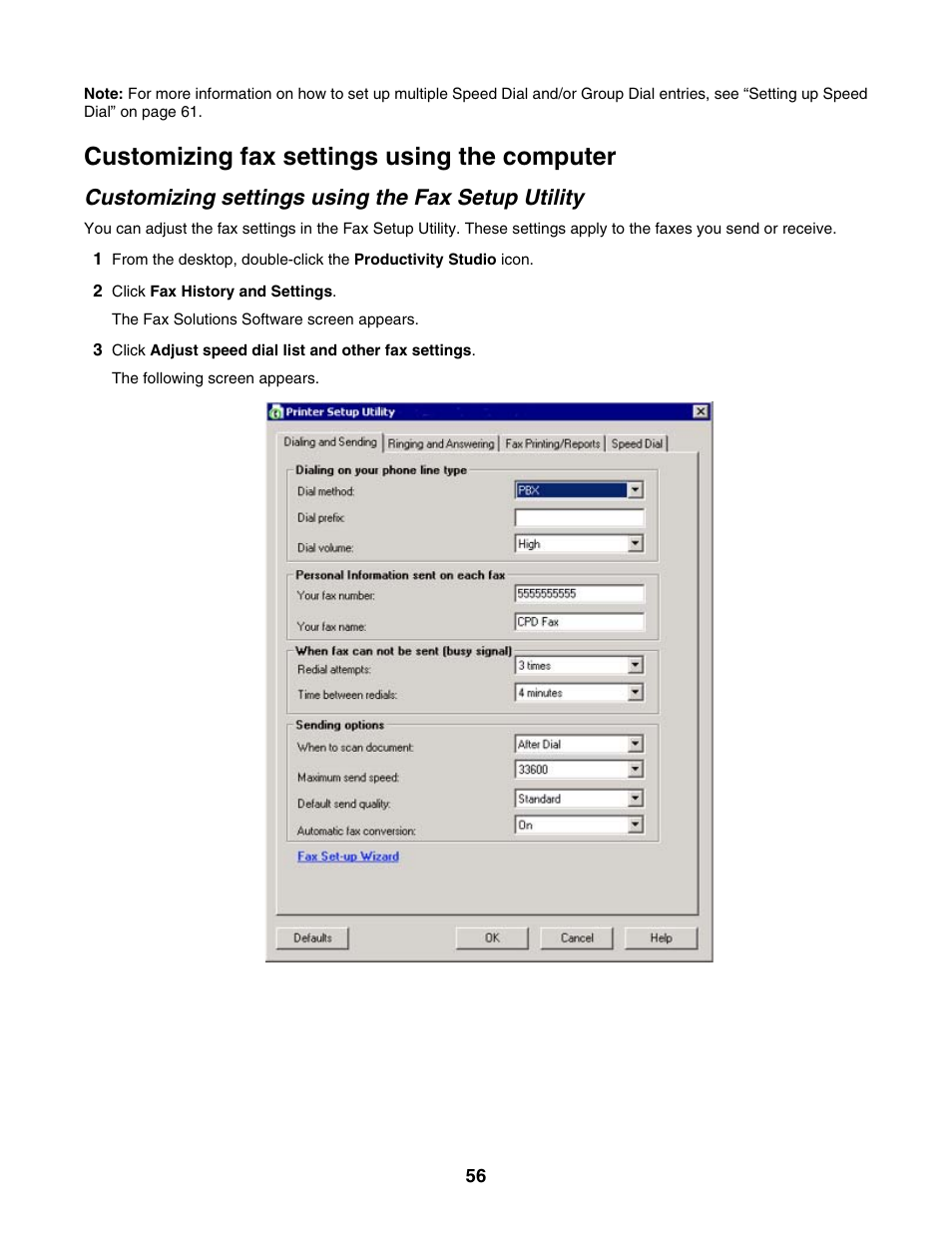 Customizing fax settings using the computer, Customizing settings using the fax setup utility | Lexmark 5000 Series User Manual | Page 56 / 171