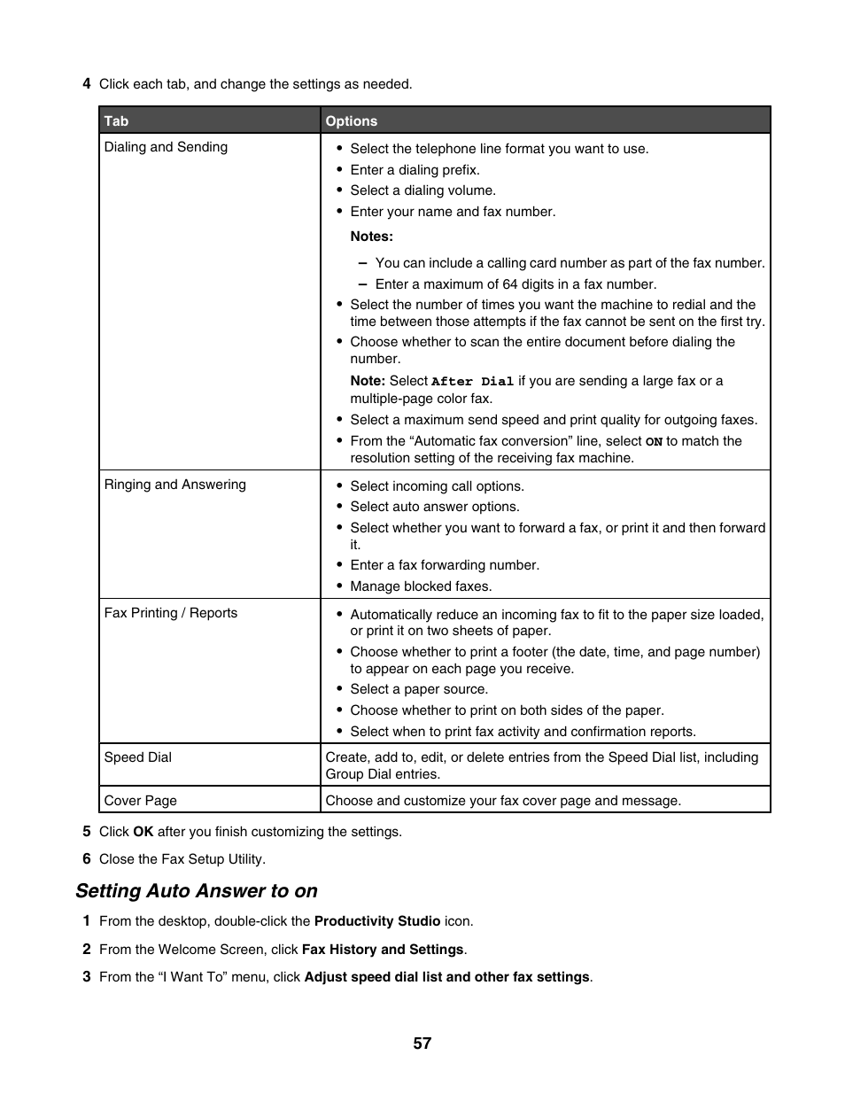 Setting auto answer to on | Lexmark 5000 Series User Manual | Page 57 / 171