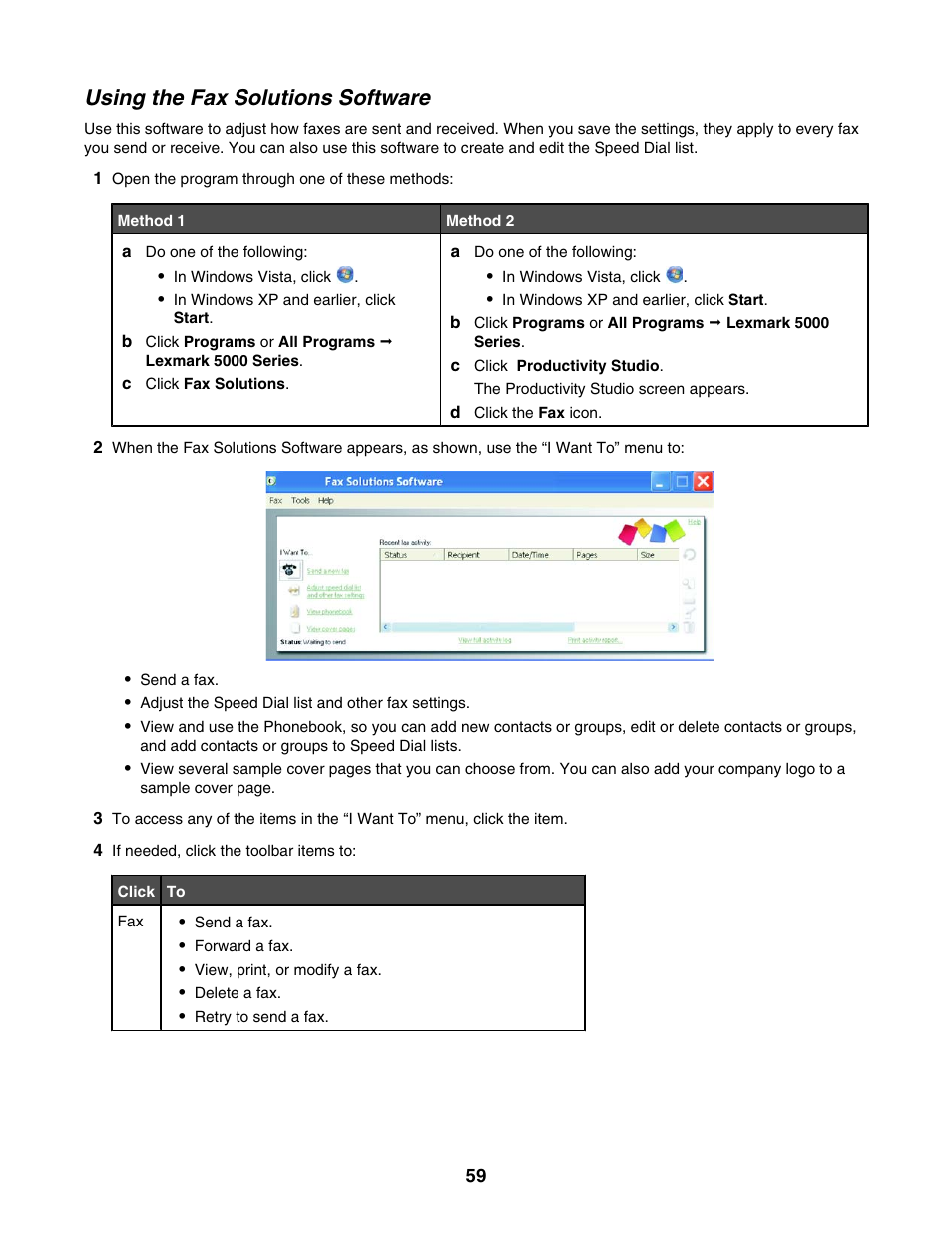 Using the fax solutions software | Lexmark 5000 Series User Manual | Page 59 / 171
