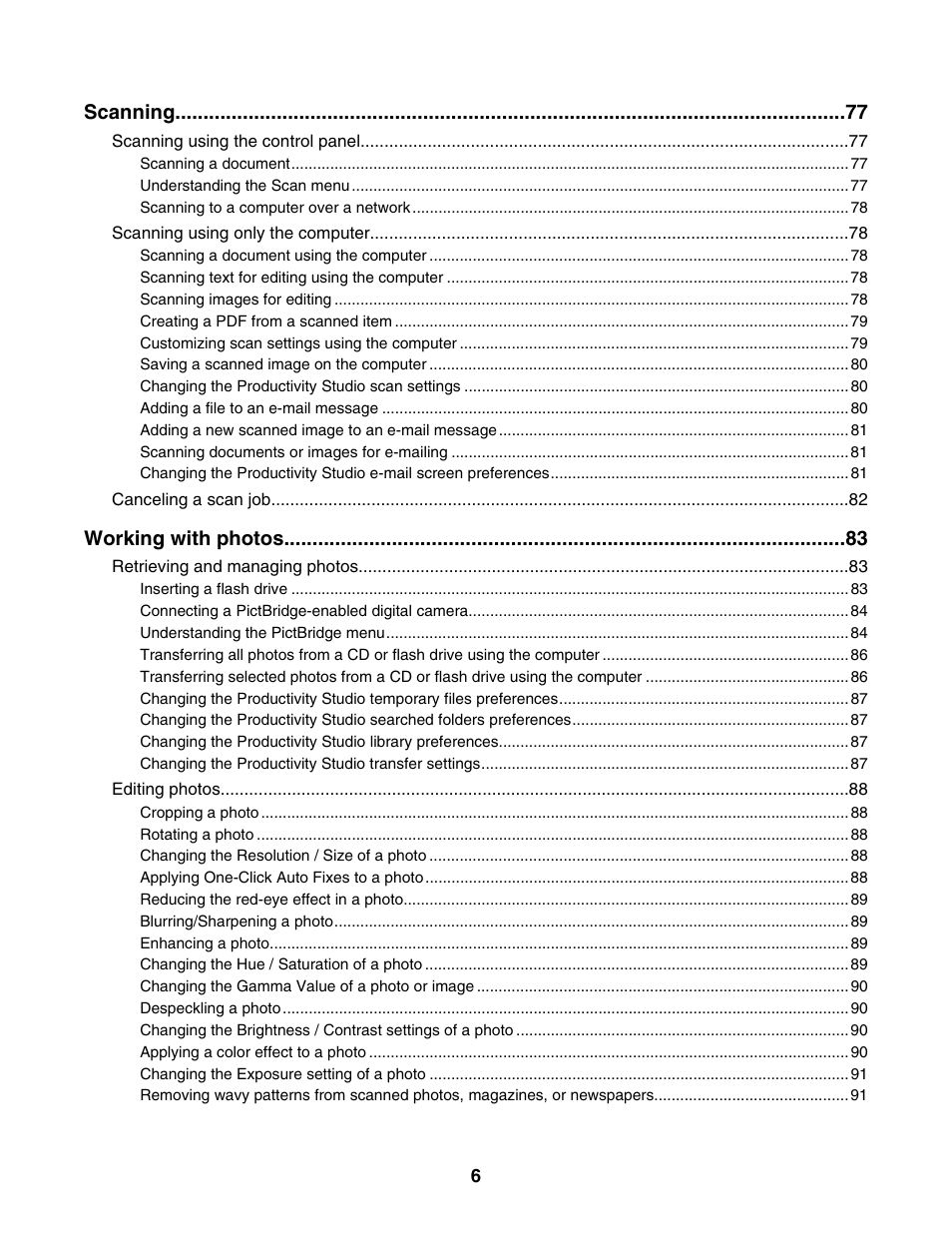 Scanning, Working with photos | Lexmark 5000 Series User Manual | Page 6 / 171