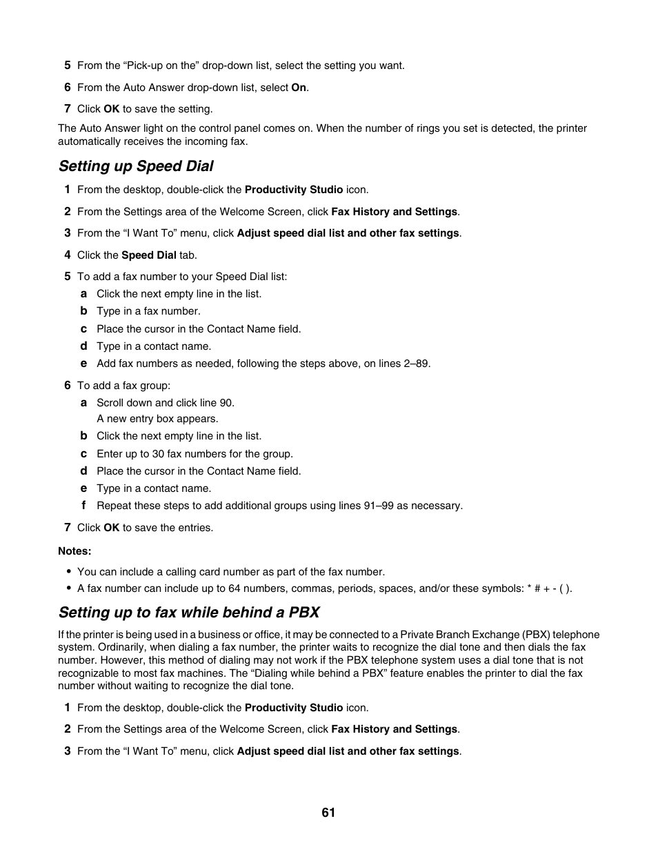 Setting up speed dial, Setting up to fax while behind a pbx | Lexmark 5000 Series User Manual | Page 61 / 171