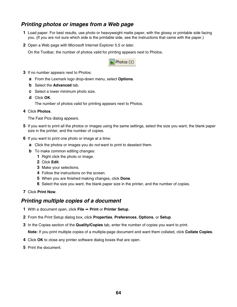 Printing multiple copies of a document, Printing photos or images from a web page | Lexmark 5000 Series User Manual | Page 64 / 171