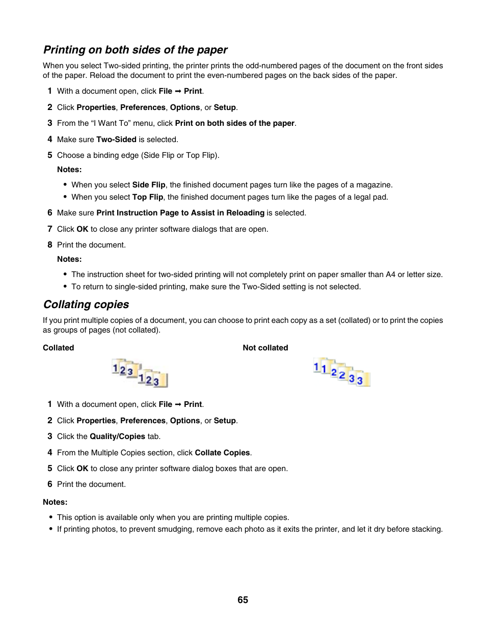 Printing on both sides of the paper, Collating copies | Lexmark 5000 Series User Manual | Page 65 / 171