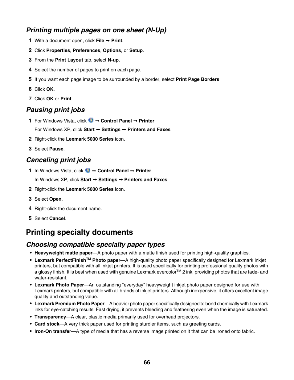 Pausing print jobs, Canceling print jobs, Printing specialty documents | Choosing compatible specialty paper types, Printing multiple pages on one sheet (n-up) | Lexmark 5000 Series User Manual | Page 66 / 171