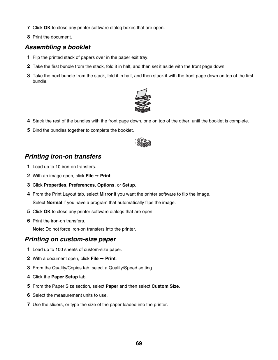 Assembling a booklet, Printing iron-on transfers, Printing on custom-size paper | Lexmark 5000 Series User Manual | Page 69 / 171